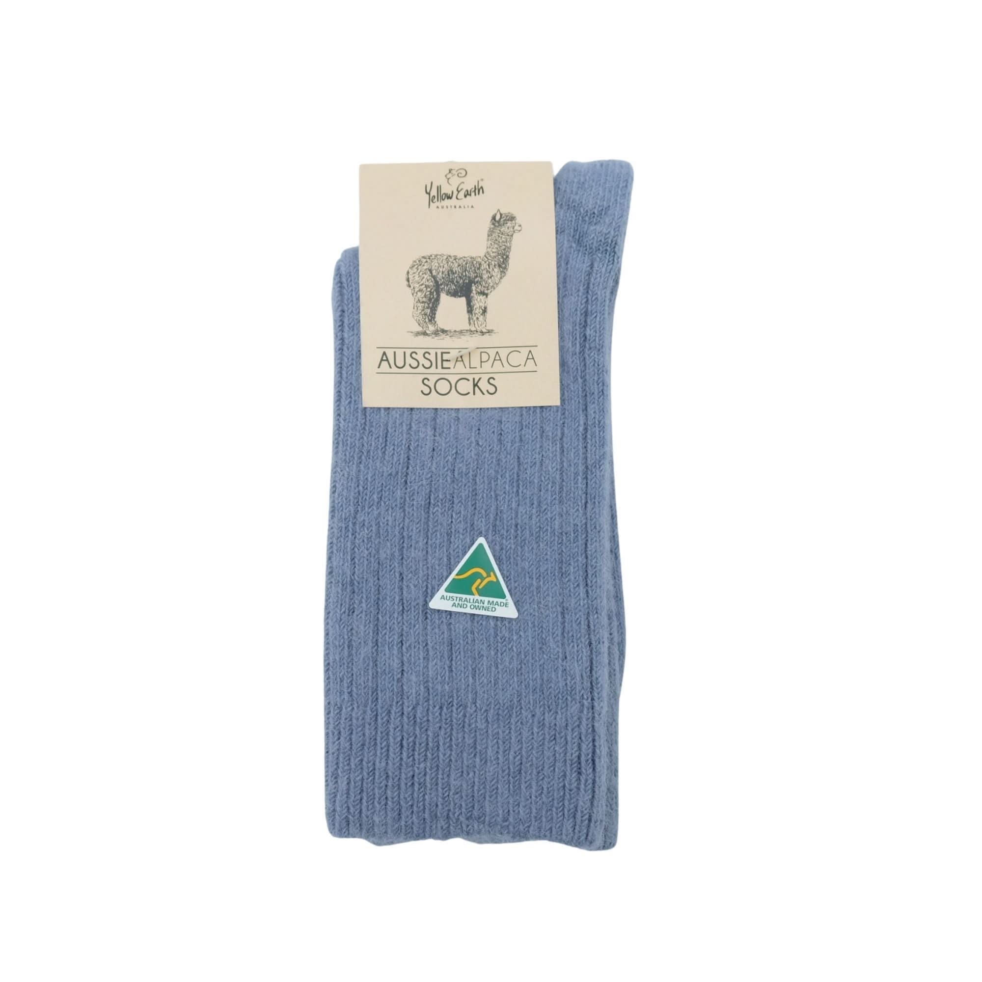 Blue ribbed alpaca wool socks displayed flat with product label visible. - Yellow Earth Australia