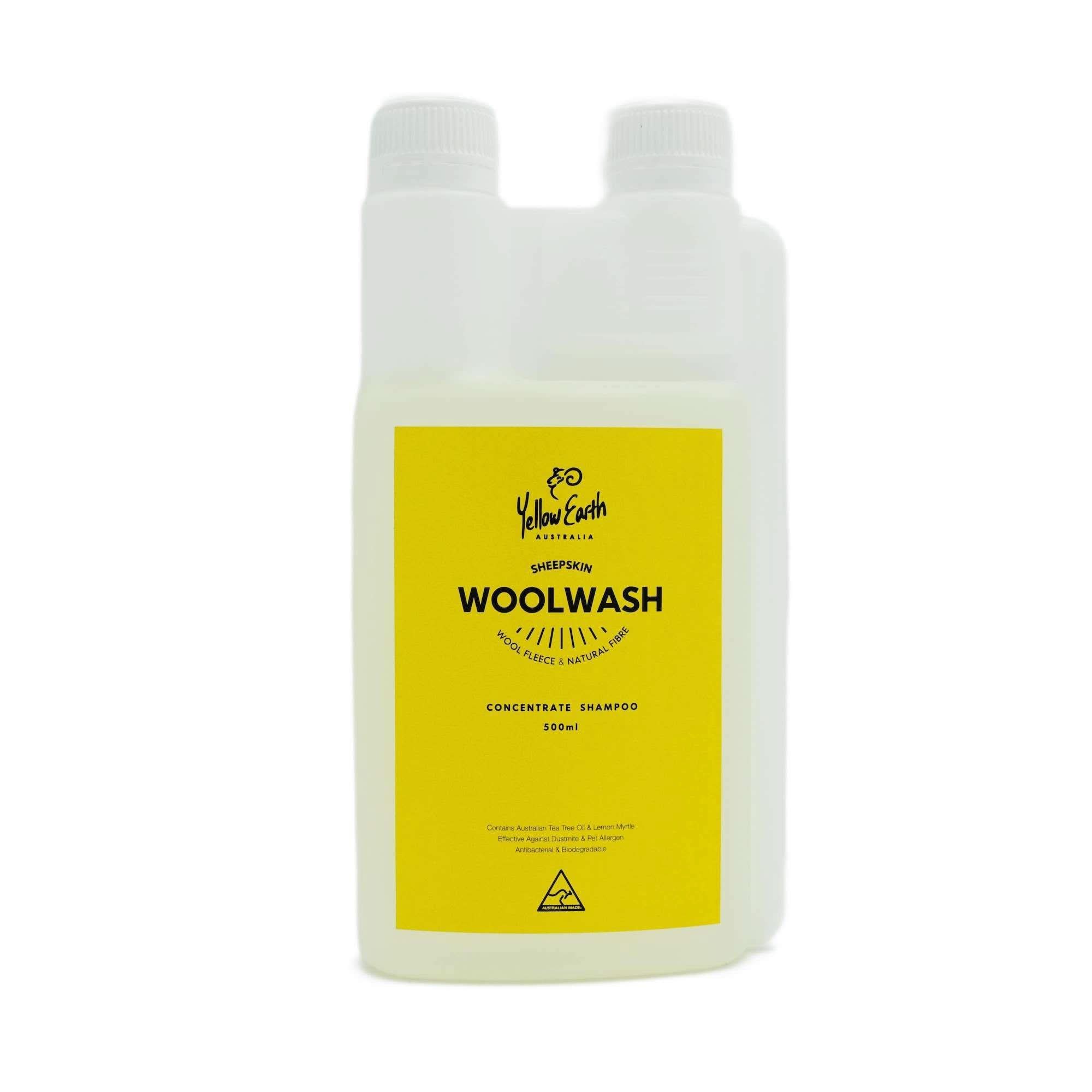 Clear plastic concentrate wool wash shampoo bottle with yellow label, front view. - Yellow Earth Australia