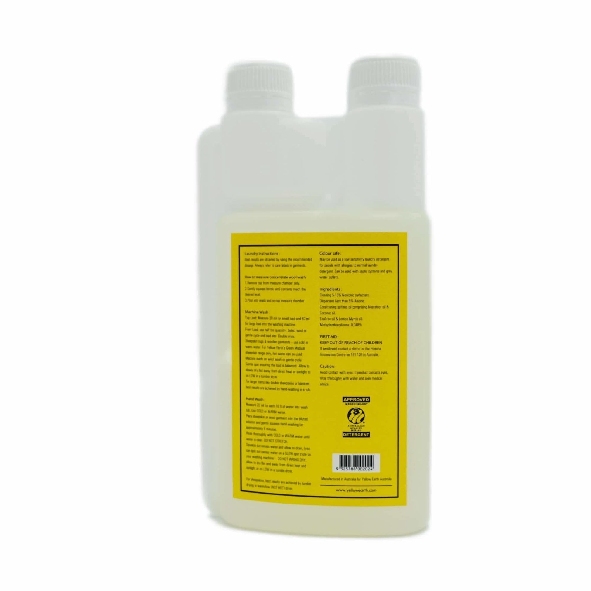 Wool wash concentrate bottle with yellow label shown from front angle view. - Yellow Earth Australia