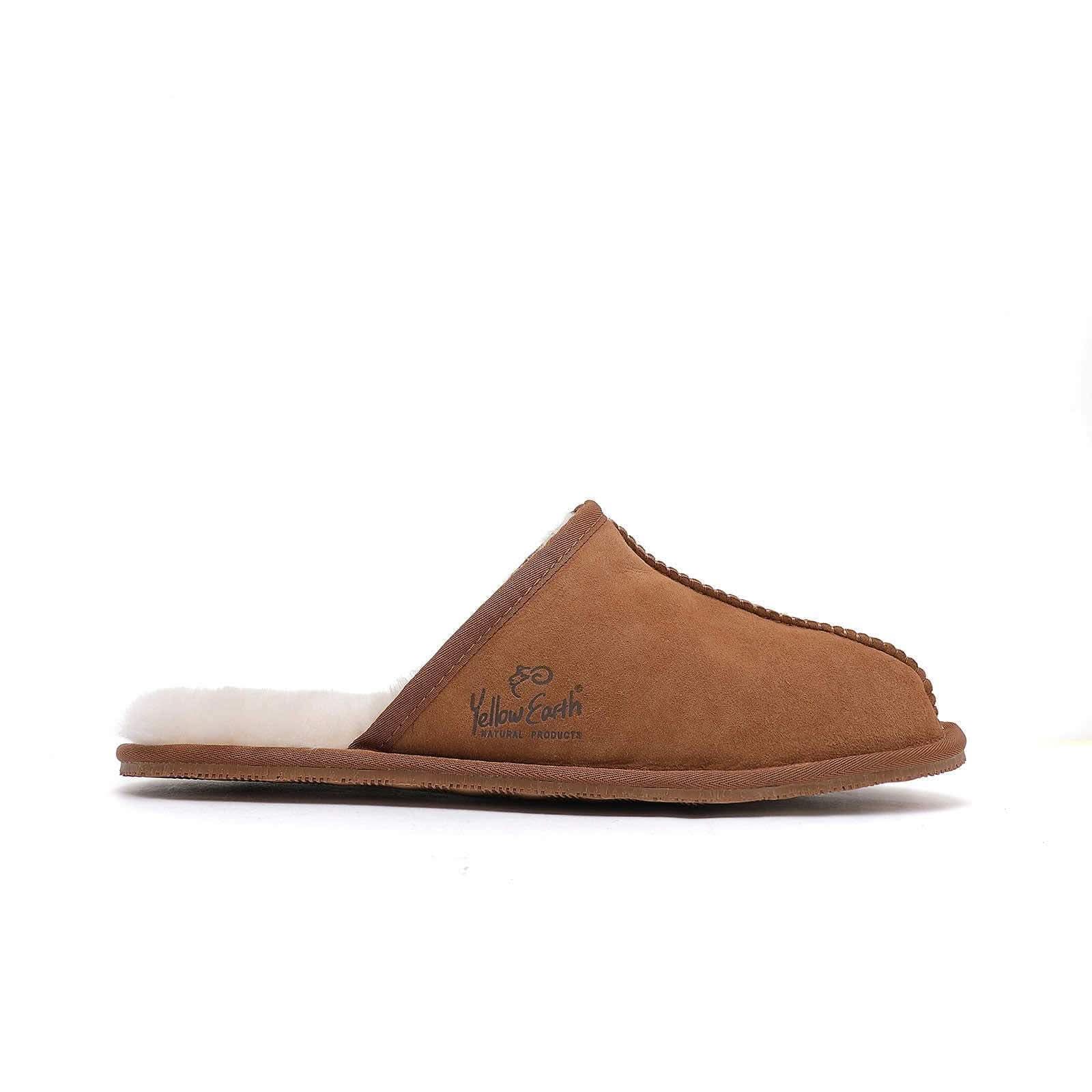 Tan suede sheepskin mule slipper with wool lining, side view. - Yellow Earth Australia