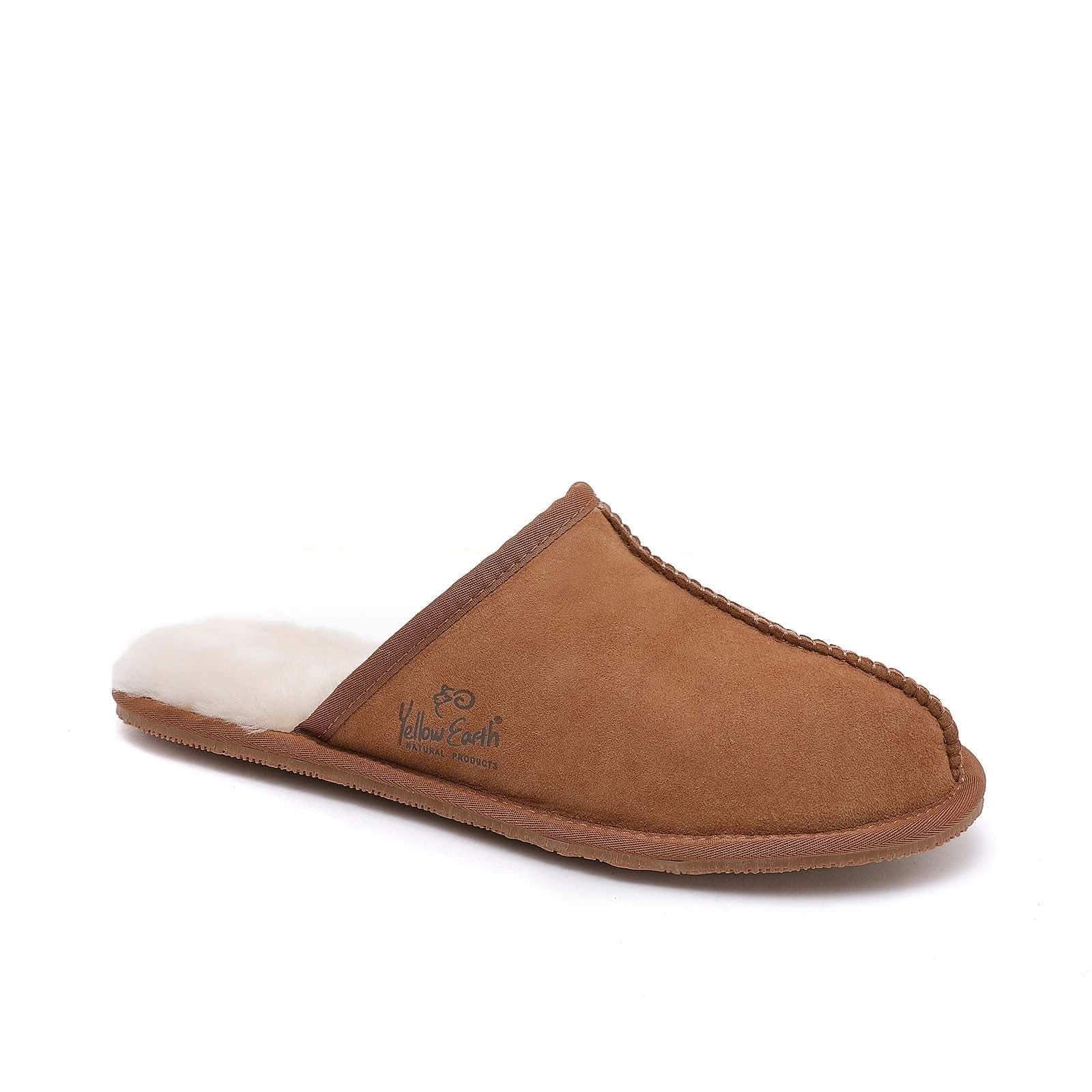 Tan suede mule slipper with white sheepskin lining, side view. - Yellow Earth Australia