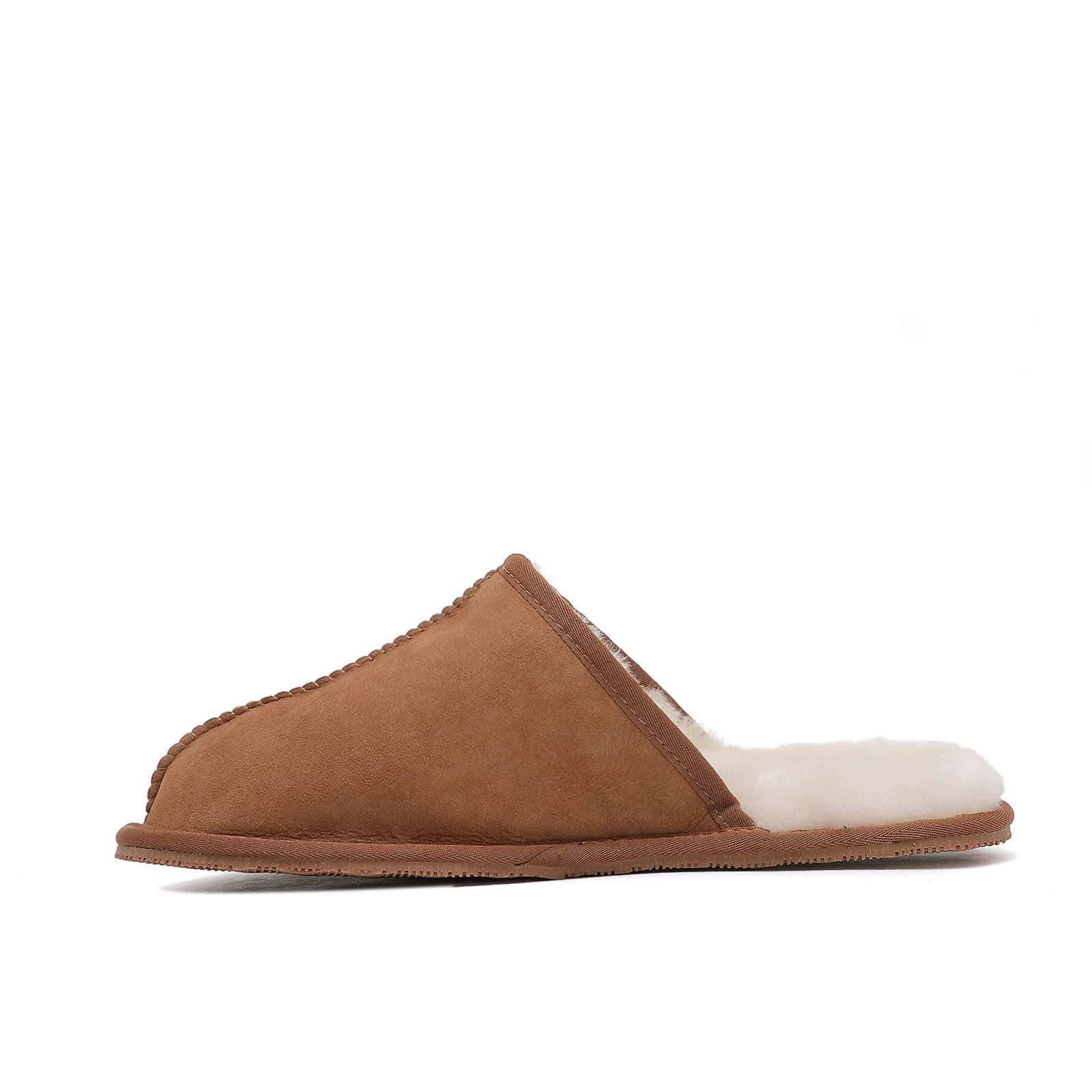 Tan suede sheepskin mule slipper with wool lining, side view. - Yellow Earth Australia
