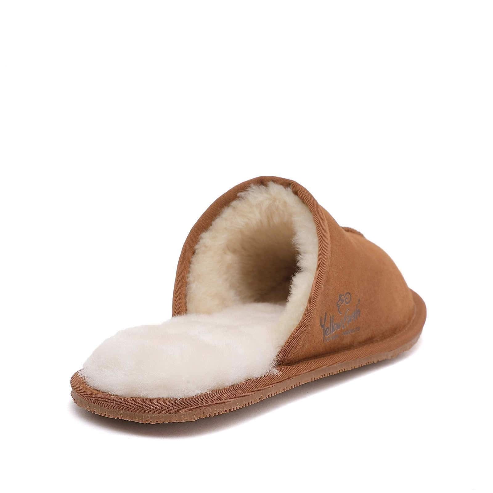 Tan sheepskin slipper with cream wool lining, side view. - Yellow Earth Australia