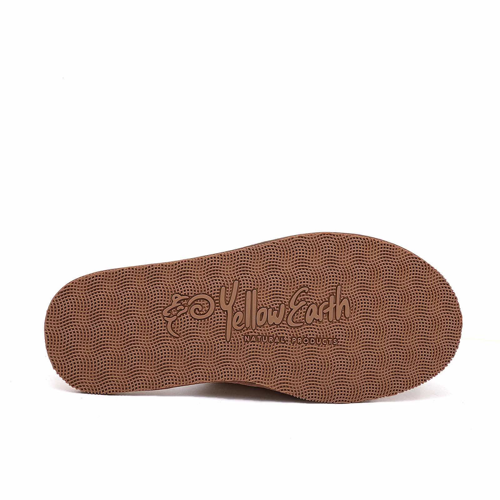 Brown textured shoe sole with natural rubber grip pattern, bottom view. - Yellow Earth Australia