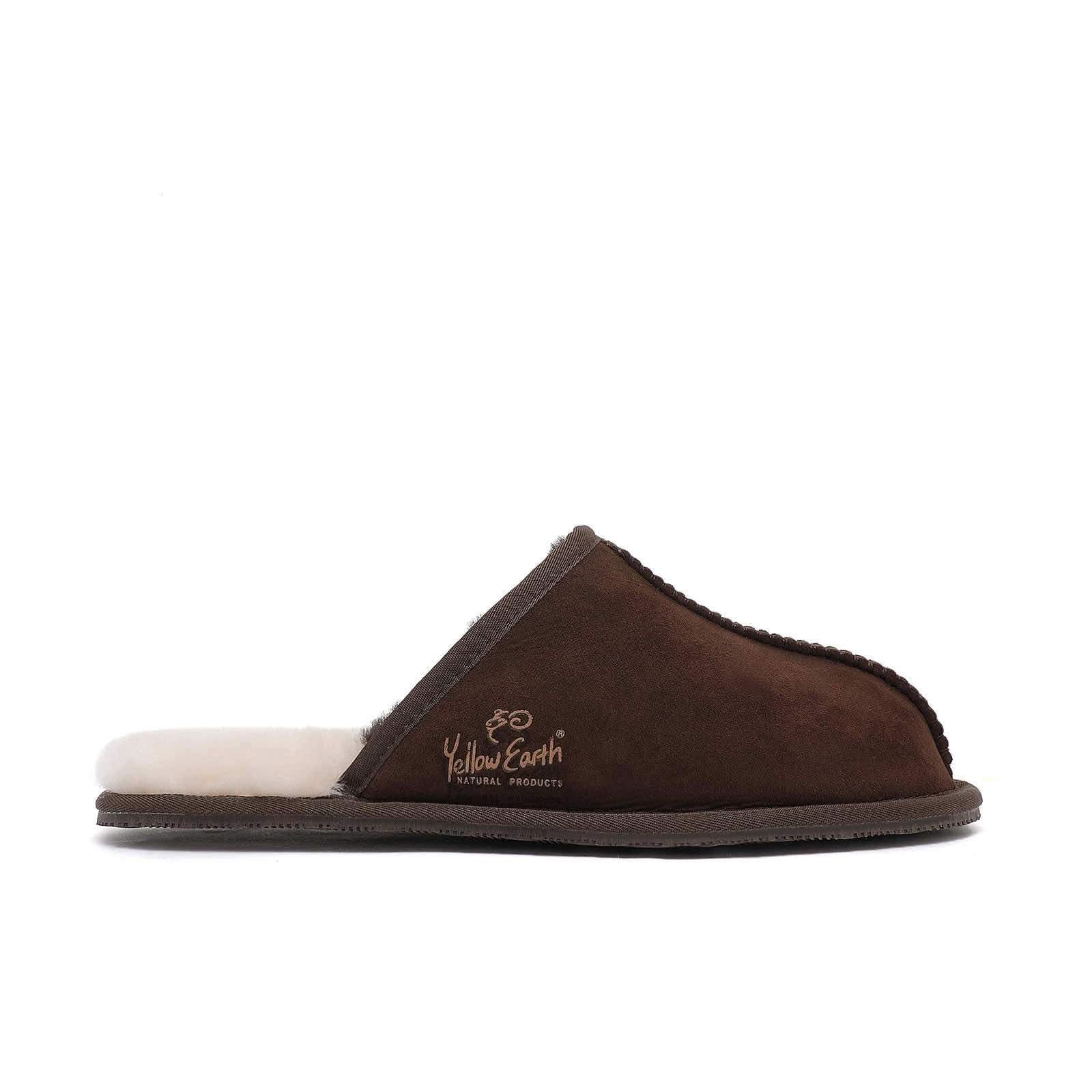 Brown suede sheepskin slippers with cream wool lining, side view. - Yellow Earth Australia