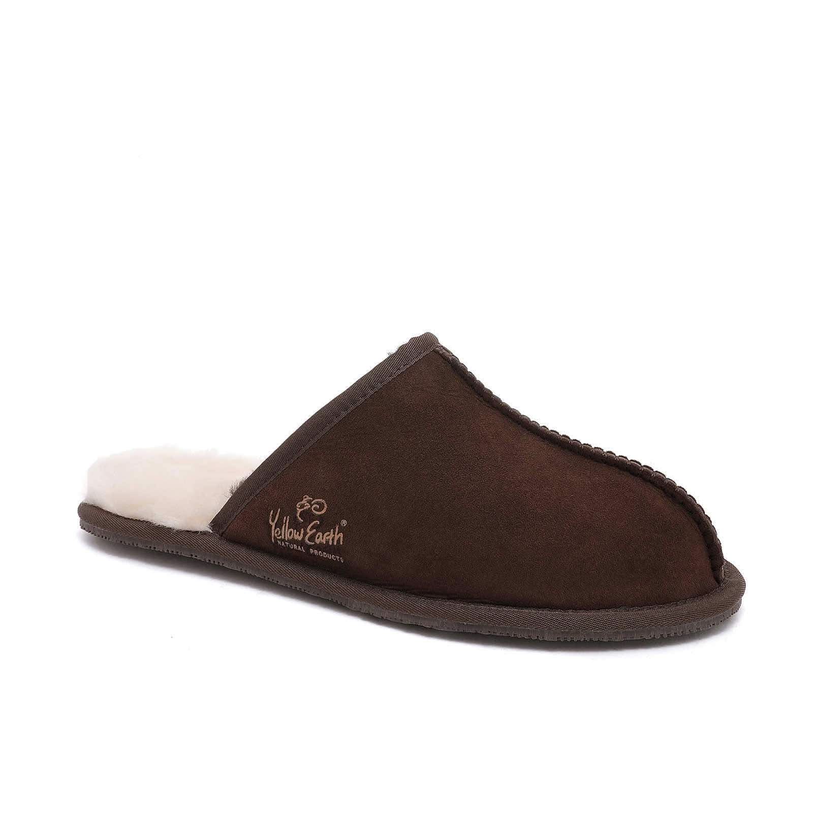 Brown sheepskin mule slipper with cream wool lining, shown from the side angle. - Yellow Earth Australia