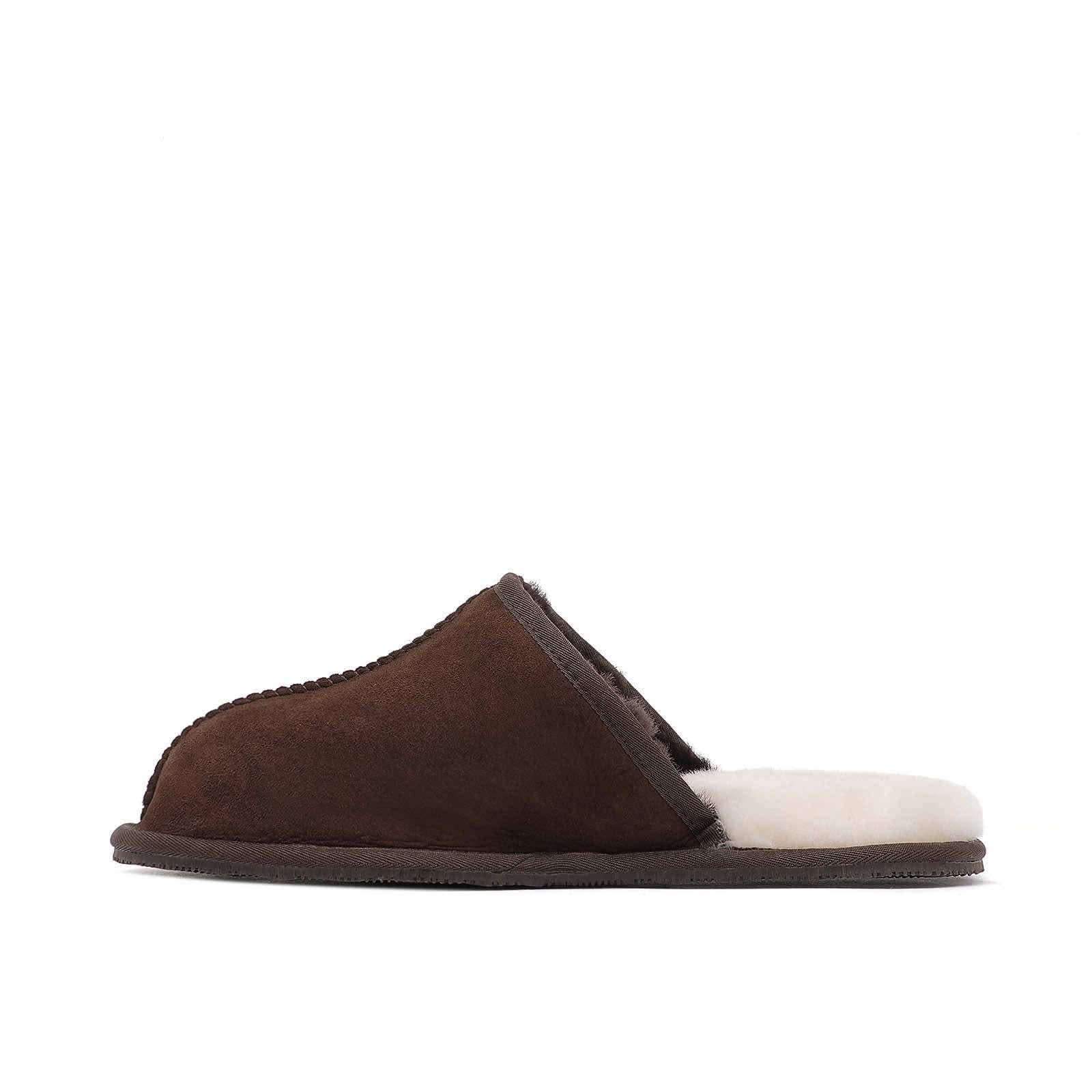 Brown sheepskin slide slipper with wool lining, side view. - Yellow Earth Australia