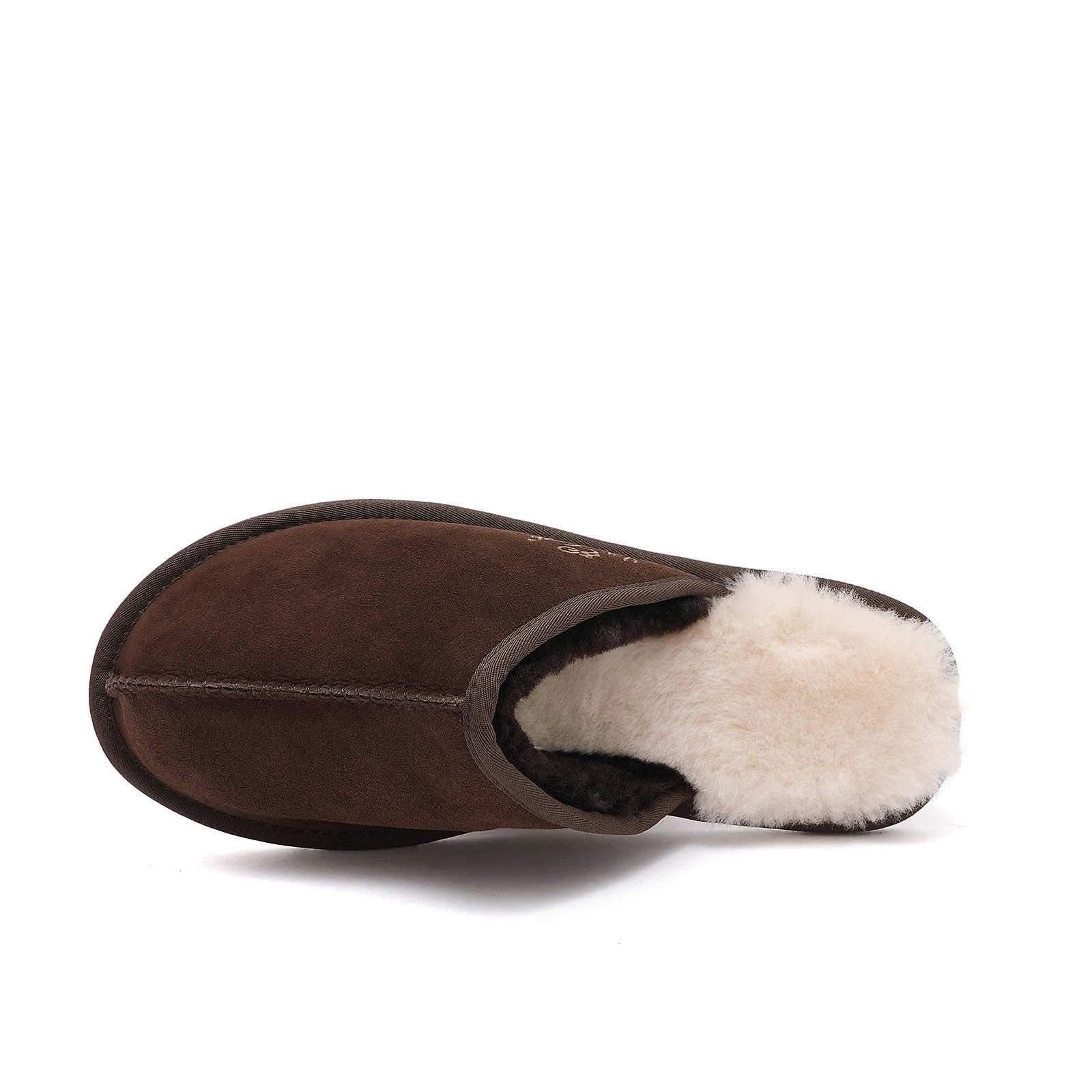 Brown suede sheepskin slipper with cream wool lining, top view. - Yellow Earth Australia