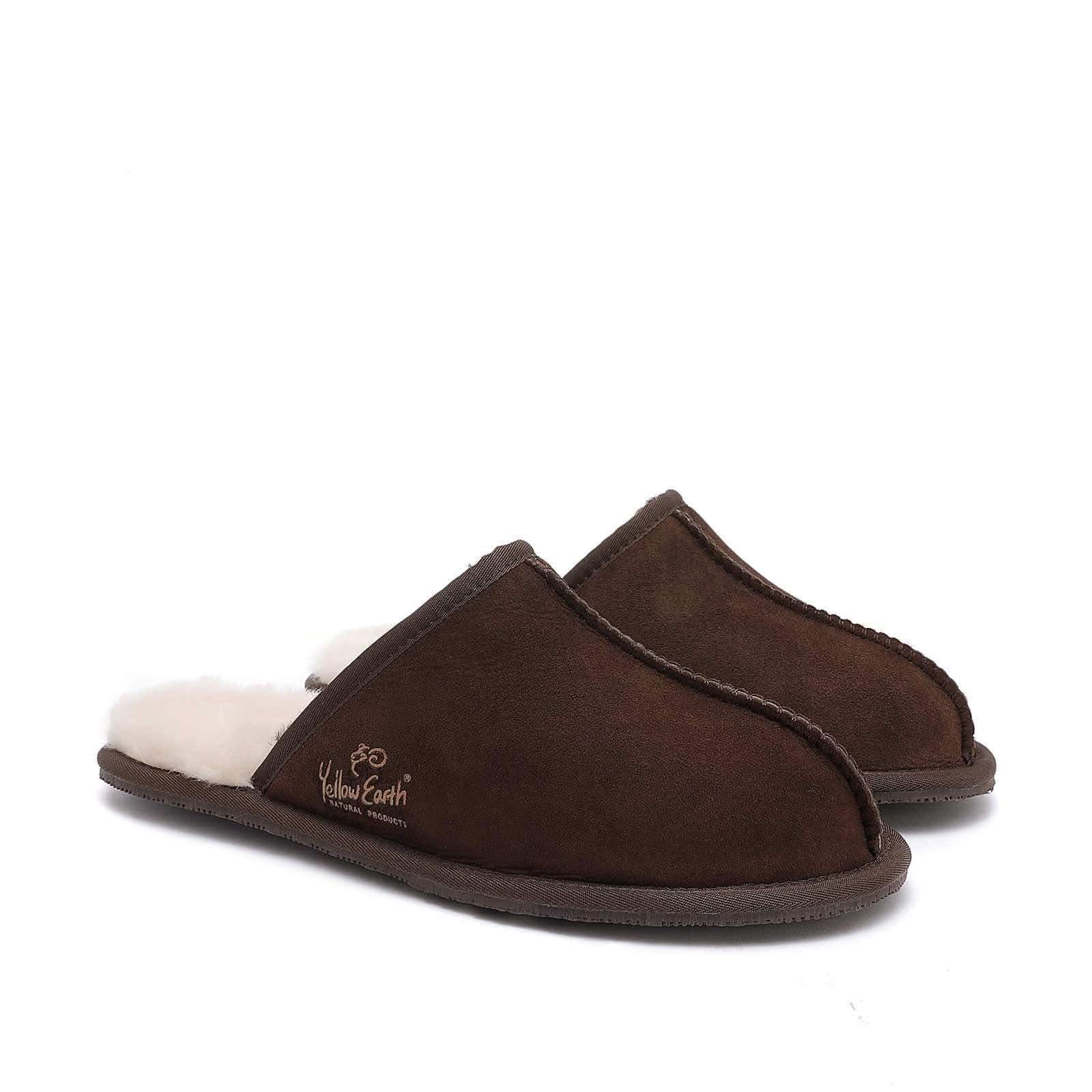 Brown suede sheepskin slippers with white wool lining, angled side view. - Yellow Earth Australia