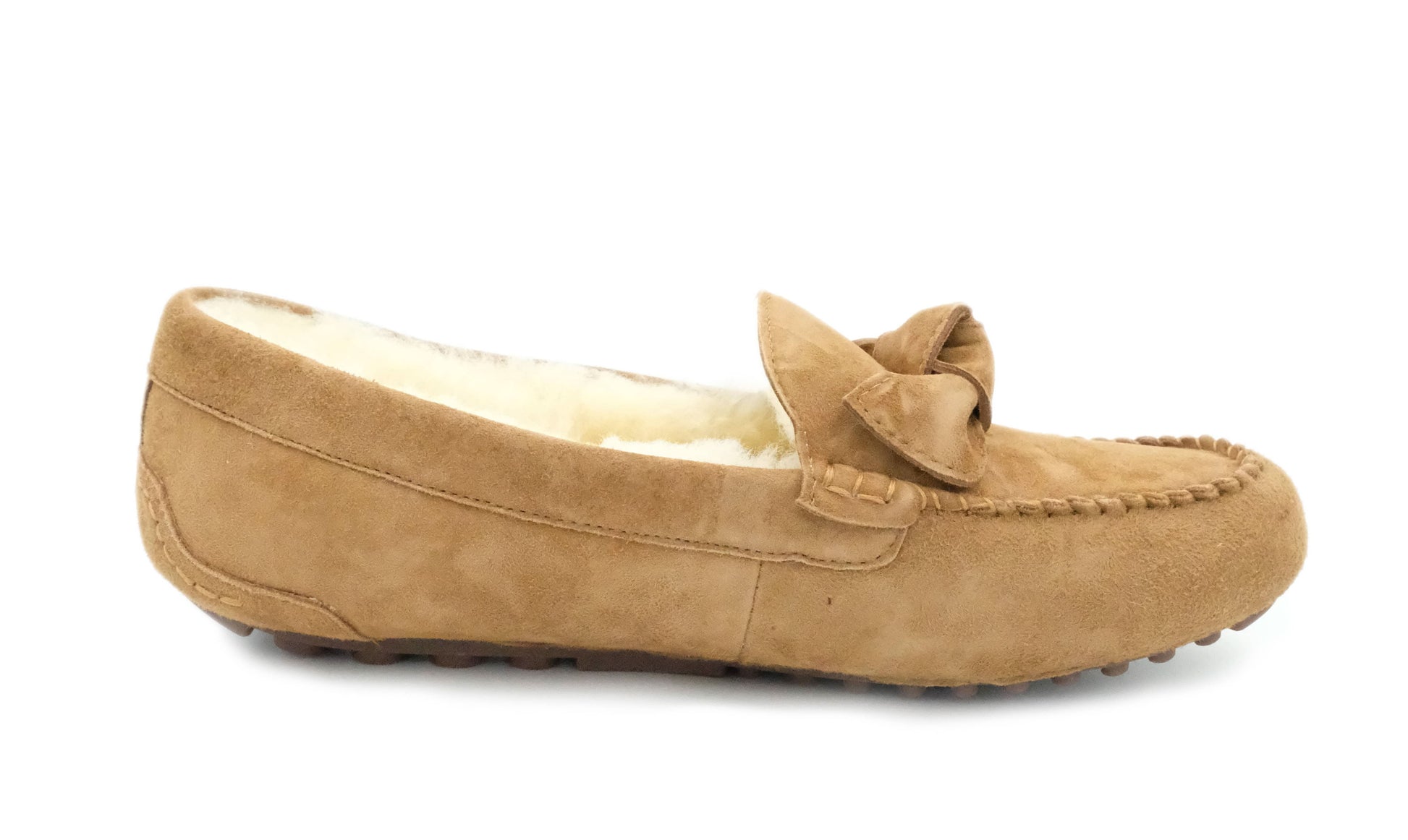 Tan suede sheepskin moccasin slipper with wool lining, side view. - Yellow Earth Australia
