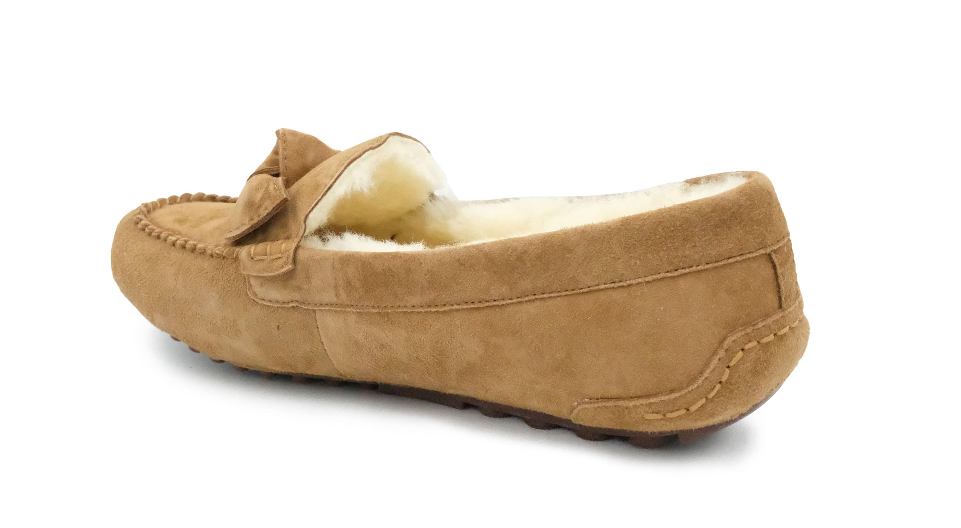 Tan suede sheepskin moccasin slipper with wool lining, side view. - Yellow Earth Australia