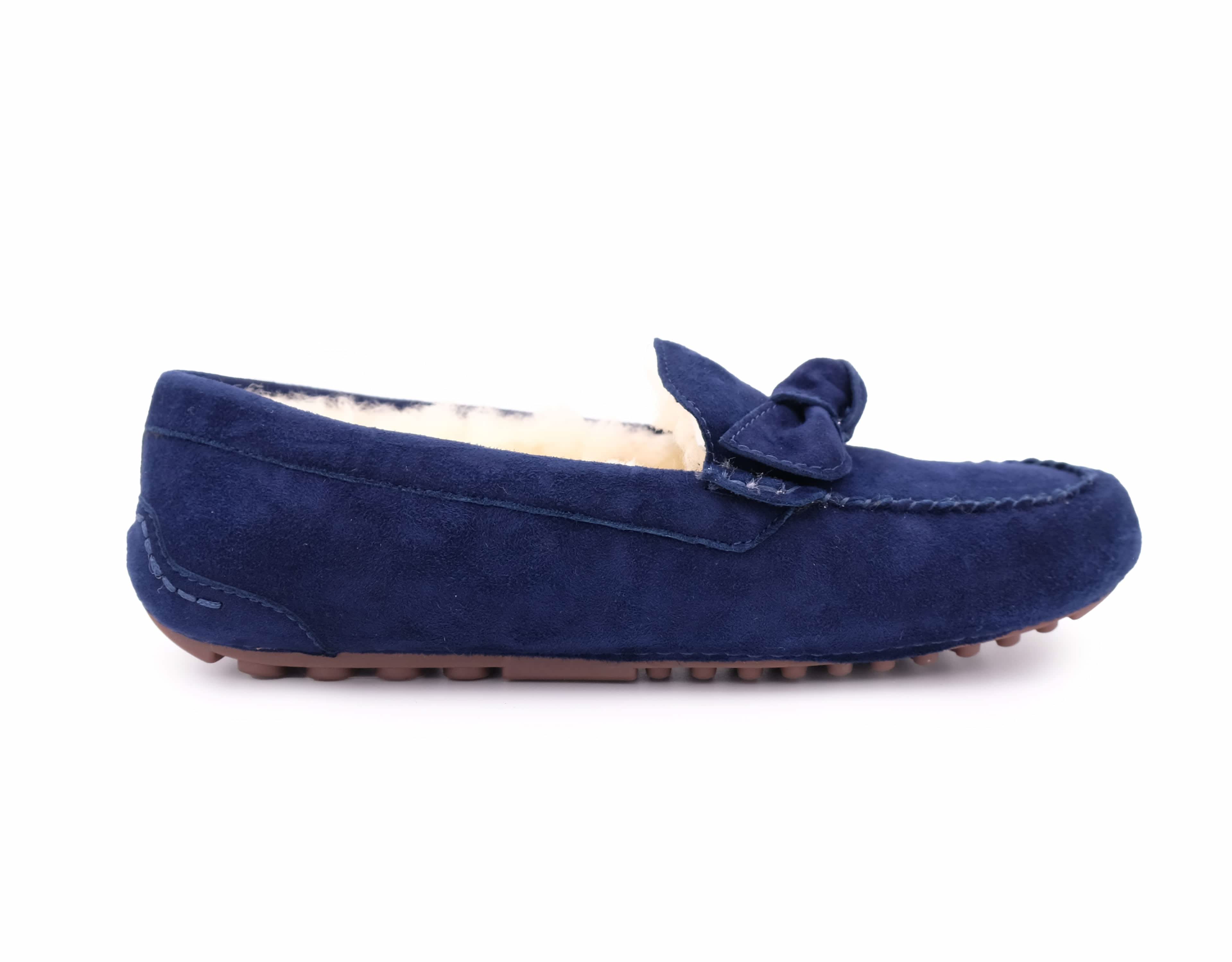 Navy suede sheepskin moccasin loafer with fleece lining, side view. - Yellow Earth Australia