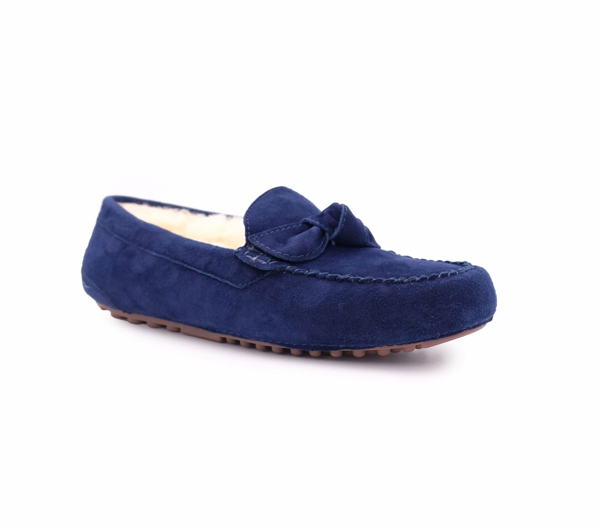 Navy suede sheepskin moccasin loafer with wool lining, side view. - Yellow Earth Australia