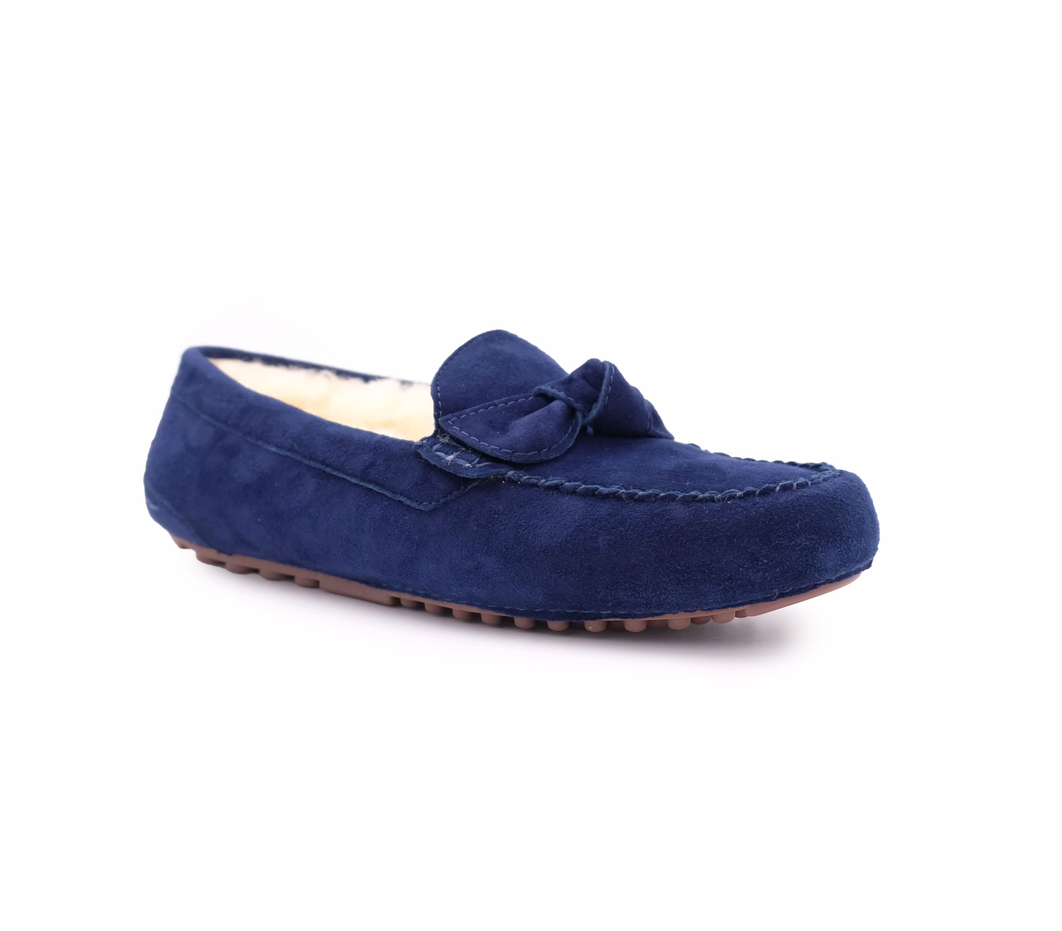Navy suede sheepskin moccasin loafer with wool lining, side view. - Yellow Earth Australia