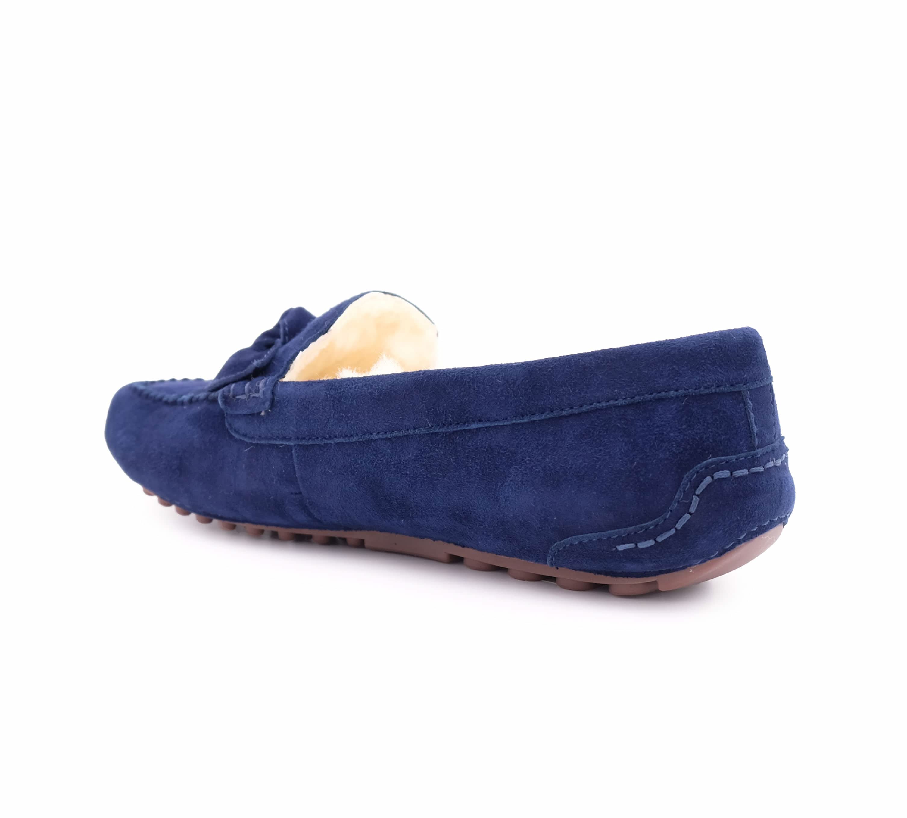 Navy suede sheepskin moccasin loafer with wool lining, side view. - Yellow Earth Australia