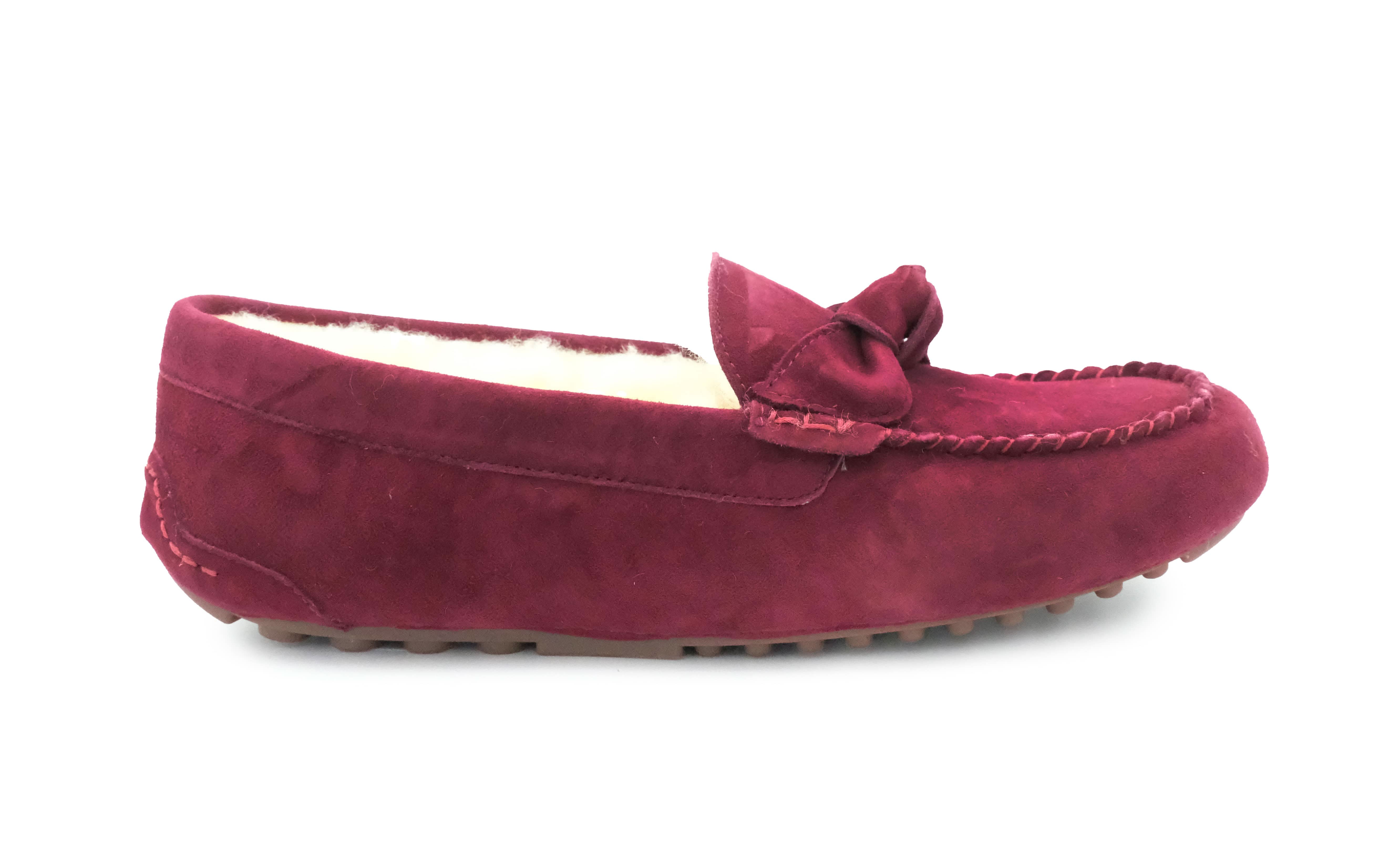Burgundy suede sheepskin moccasin slipper with wool lining and bow detail, side view. - Yellow Earth Australia