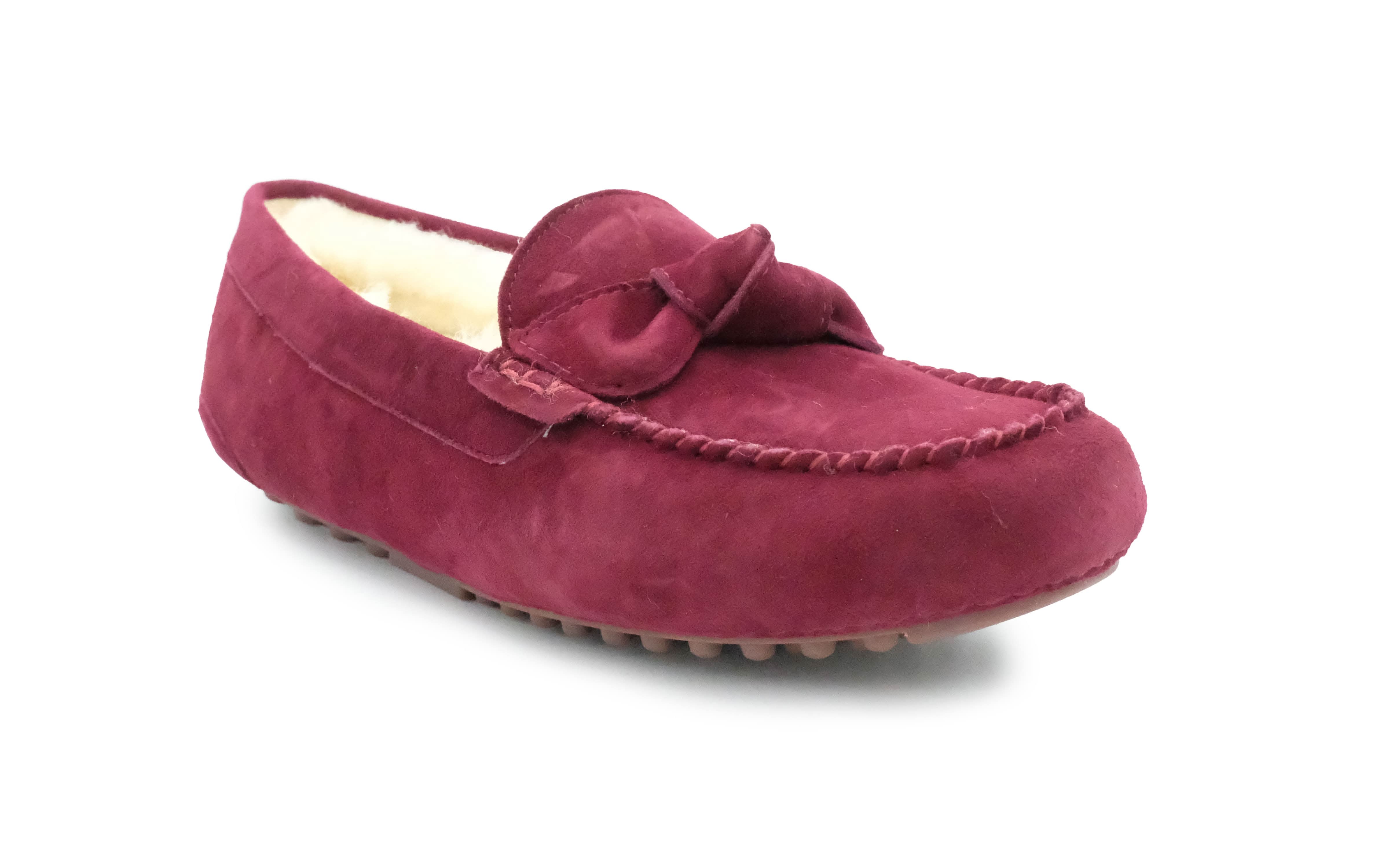 Burgundy suede sheepskin loafer with fleece lining, three-quarter front view. - Yellow Earth Australia