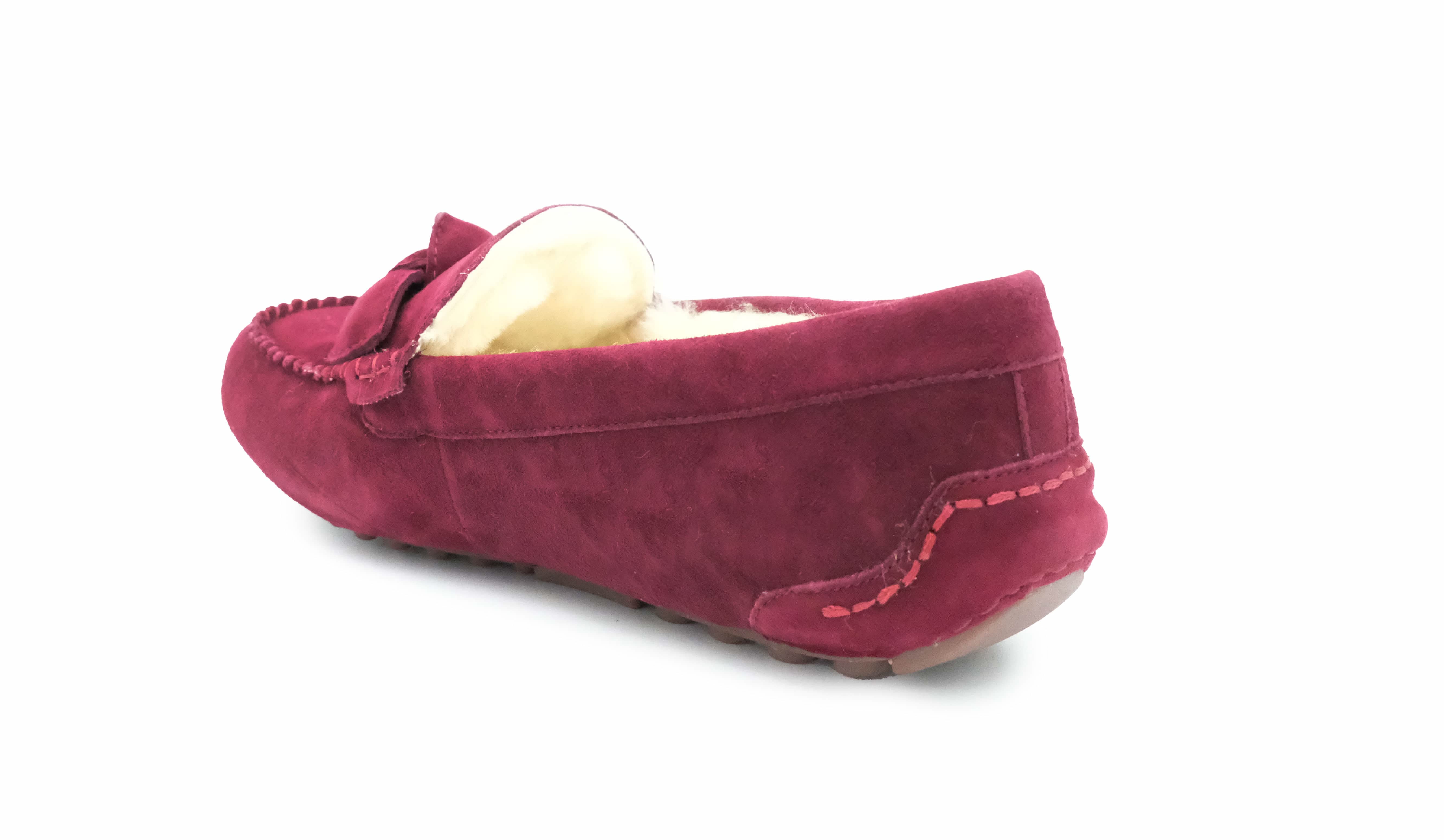 Burgundy suede moccasin slipper with sheepskin lining, side view. - Yellow Earth Australia