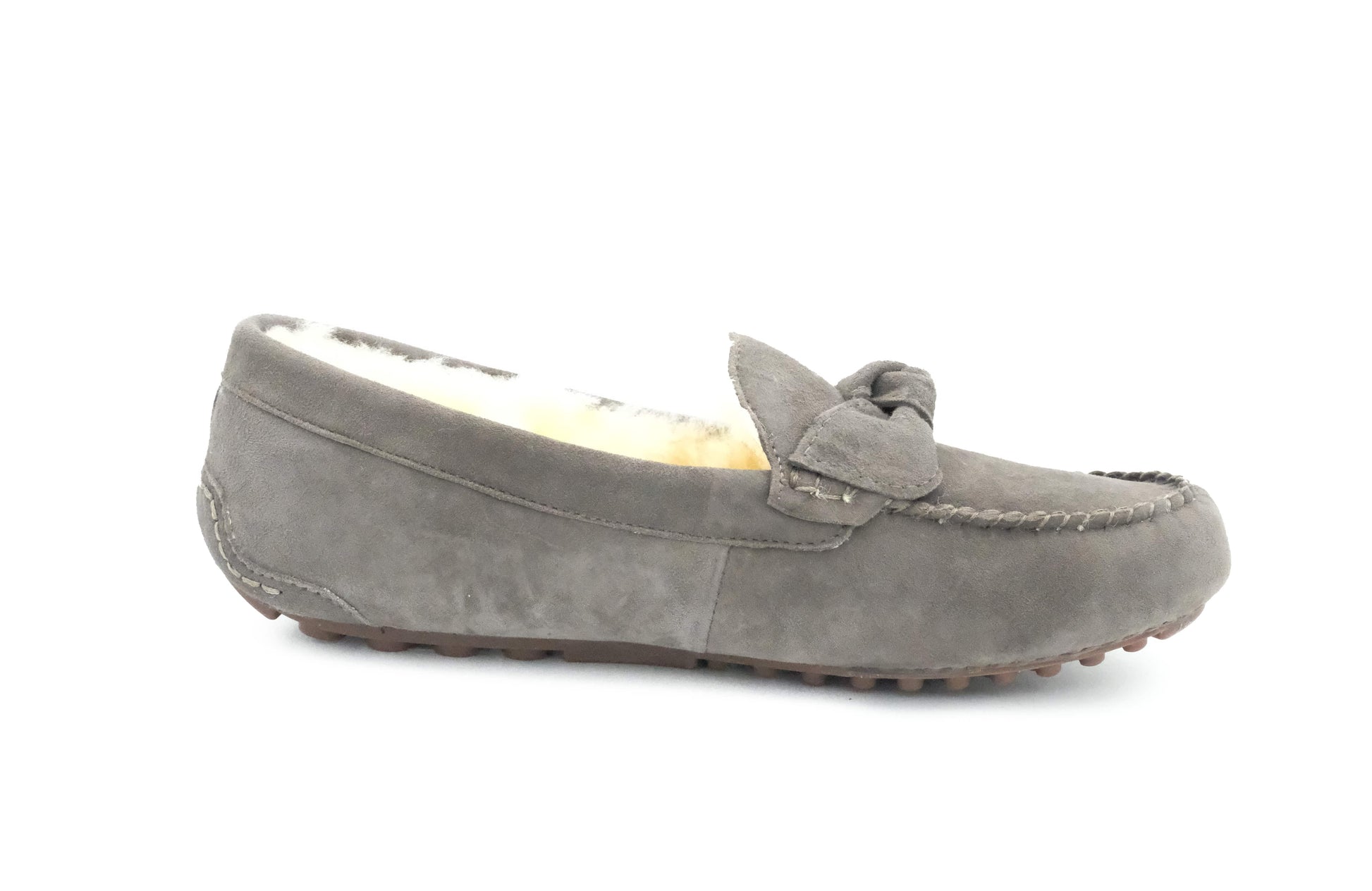 Grey suede sheepskin moccasin loafer with wool lining, side view. - Yellow Earth Australia