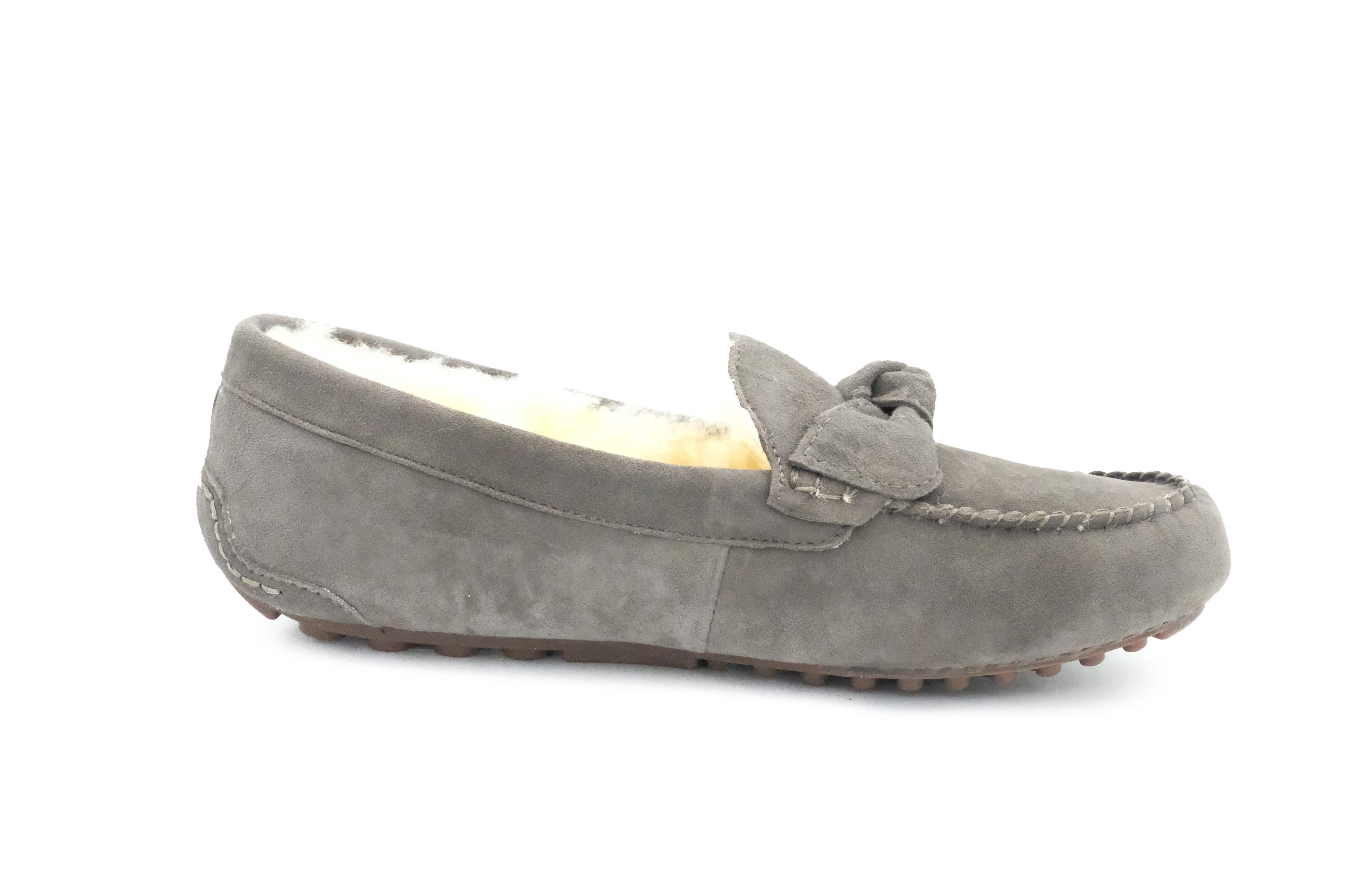 Grey suede sheepskin moccasin loafer with wool lining, side view. - Yellow Earth Australia