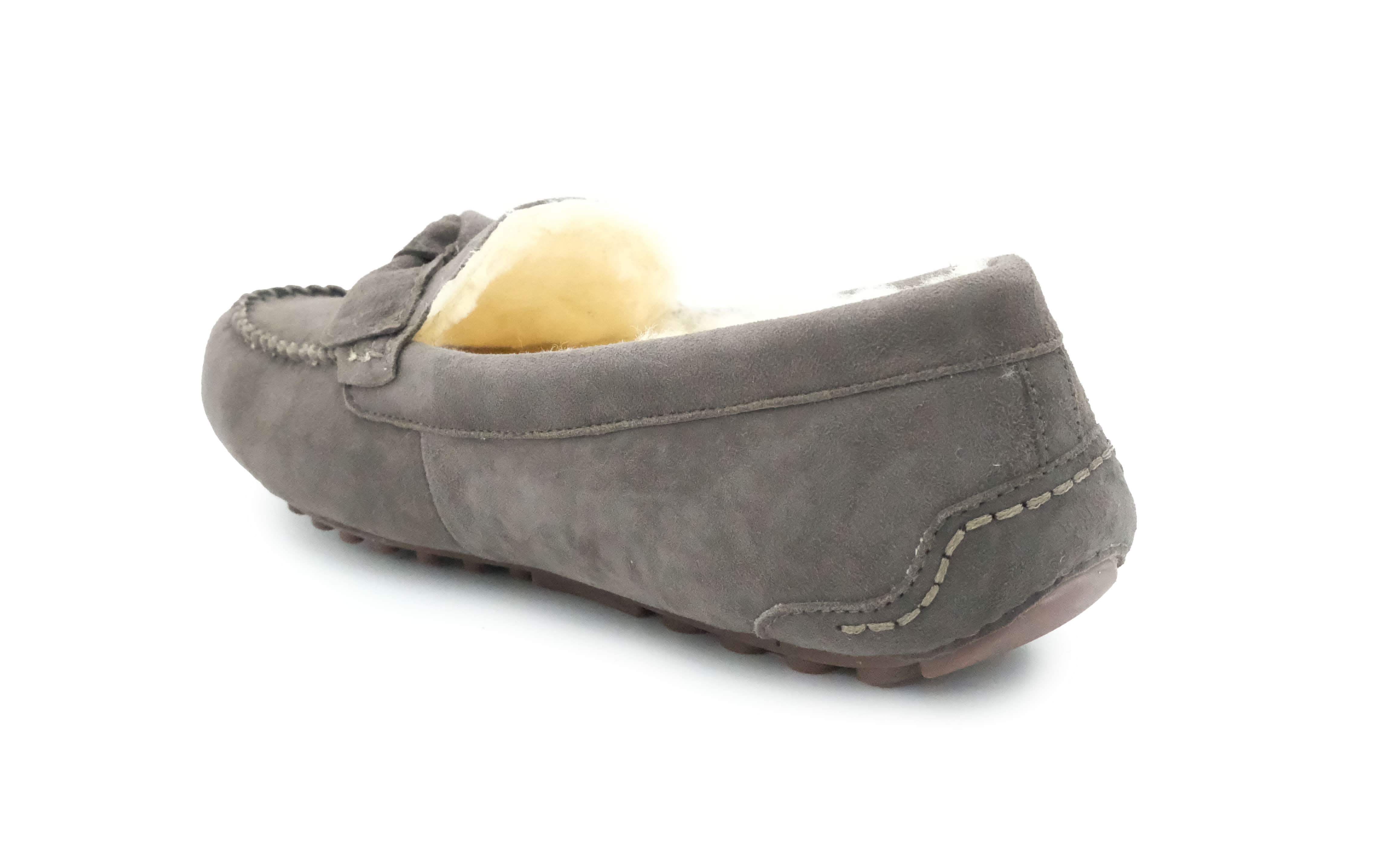 Grey suede moccasin with sheepskin lining, rear three-quarter view. - Yellow Earth Australia