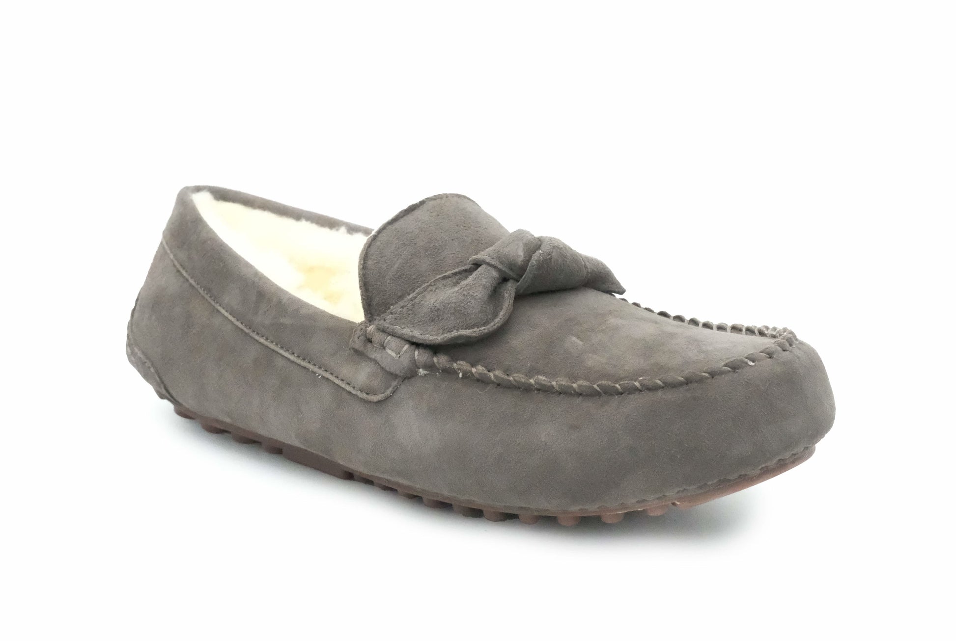 Grey suede sheepskin moccasin loafer with wool lining, side angle view. - Yellow Earth Australia