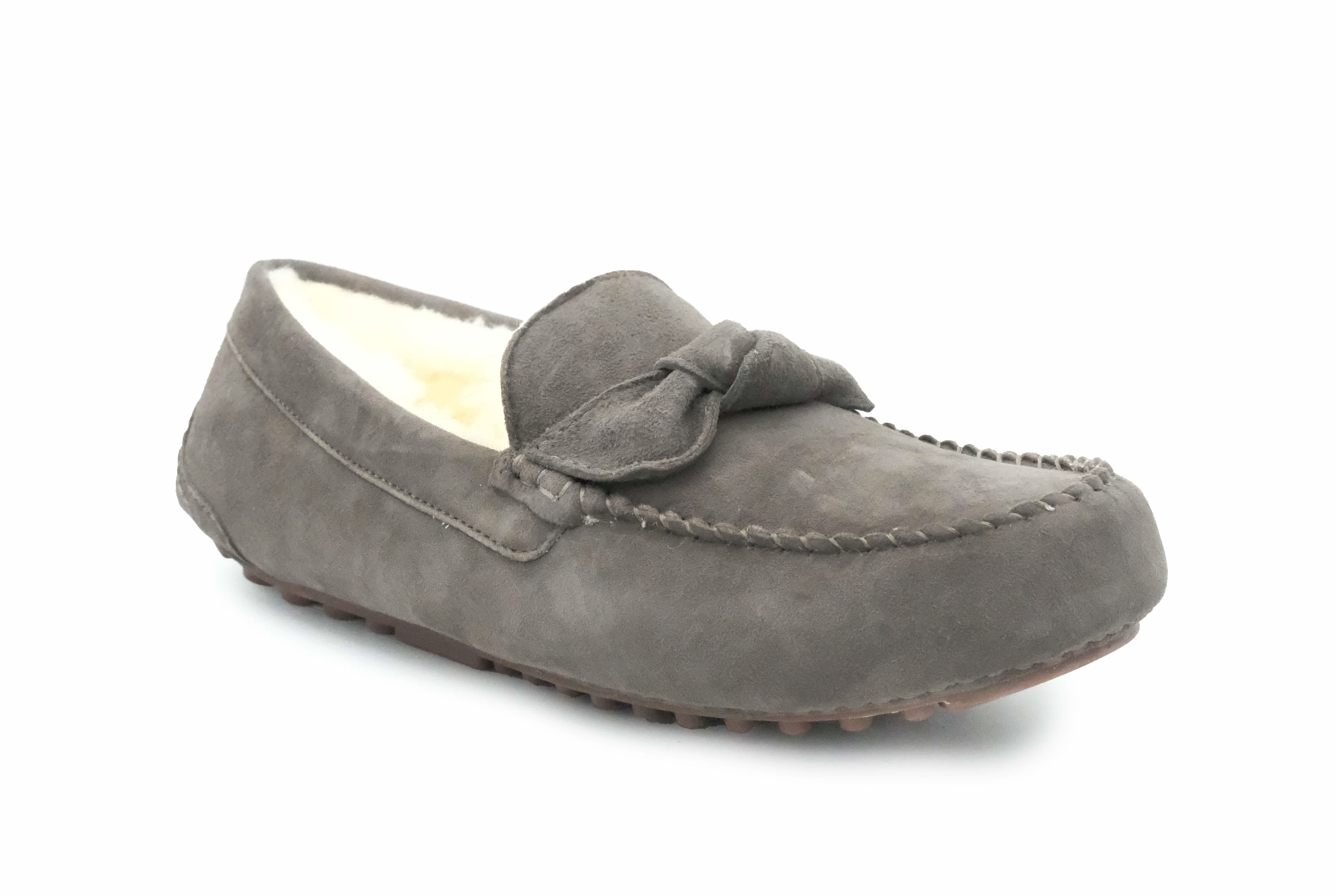 Grey suede sheepskin moccasin loafer with wool lining, side angle view. - Yellow Earth Australia