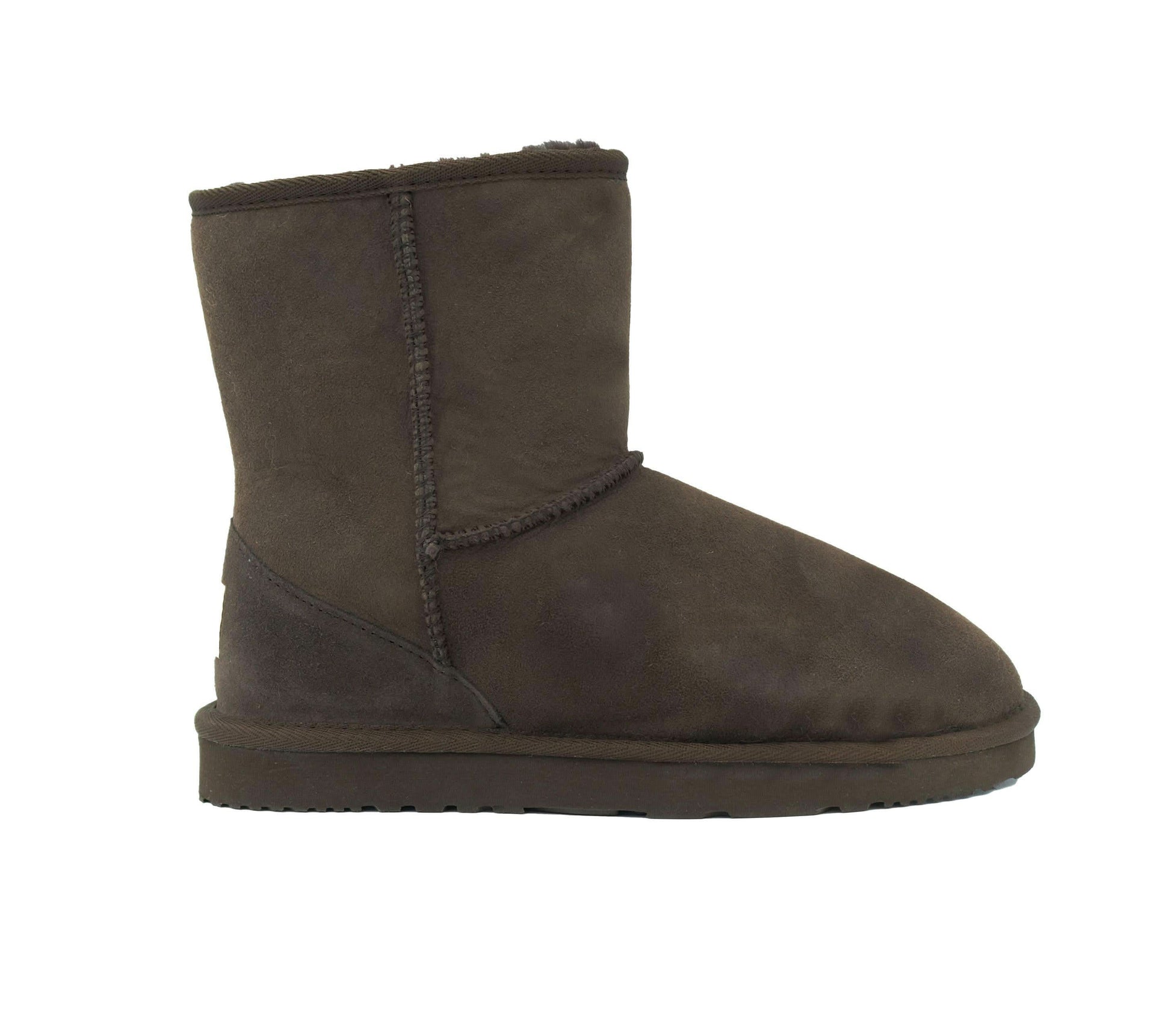 Chocolate sheepskin short boot with visible seam stitching, side view. - Yellow Earth Australia