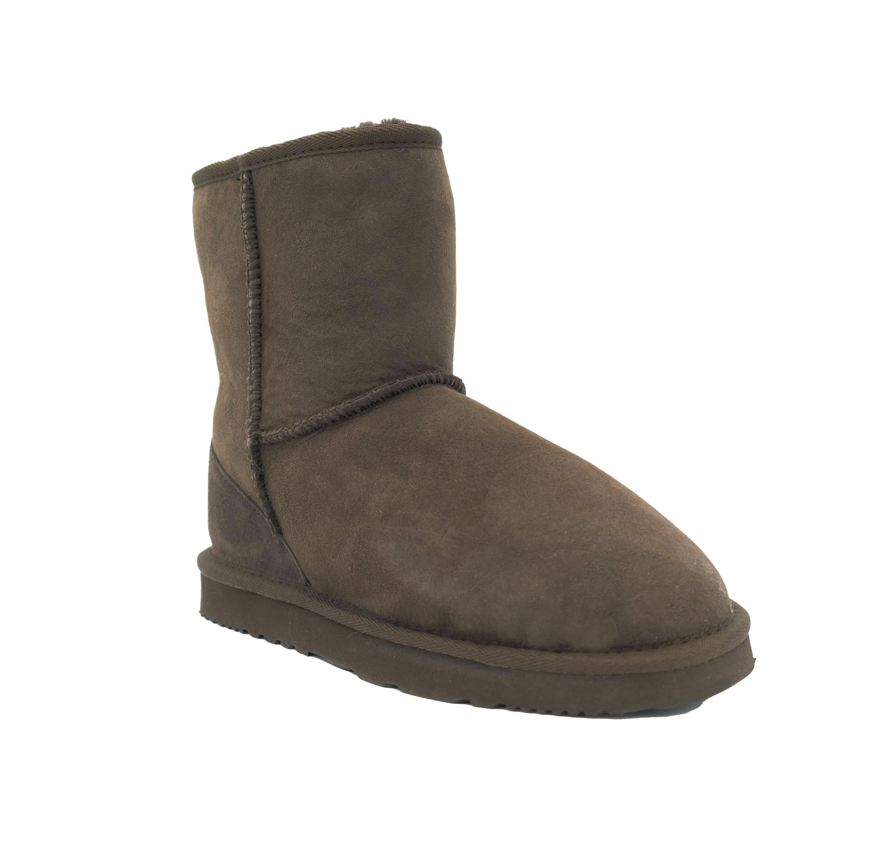 Short sheepskin boot in chocolate suede with fluffy wool lining, side view. - Yellow Earth Australia