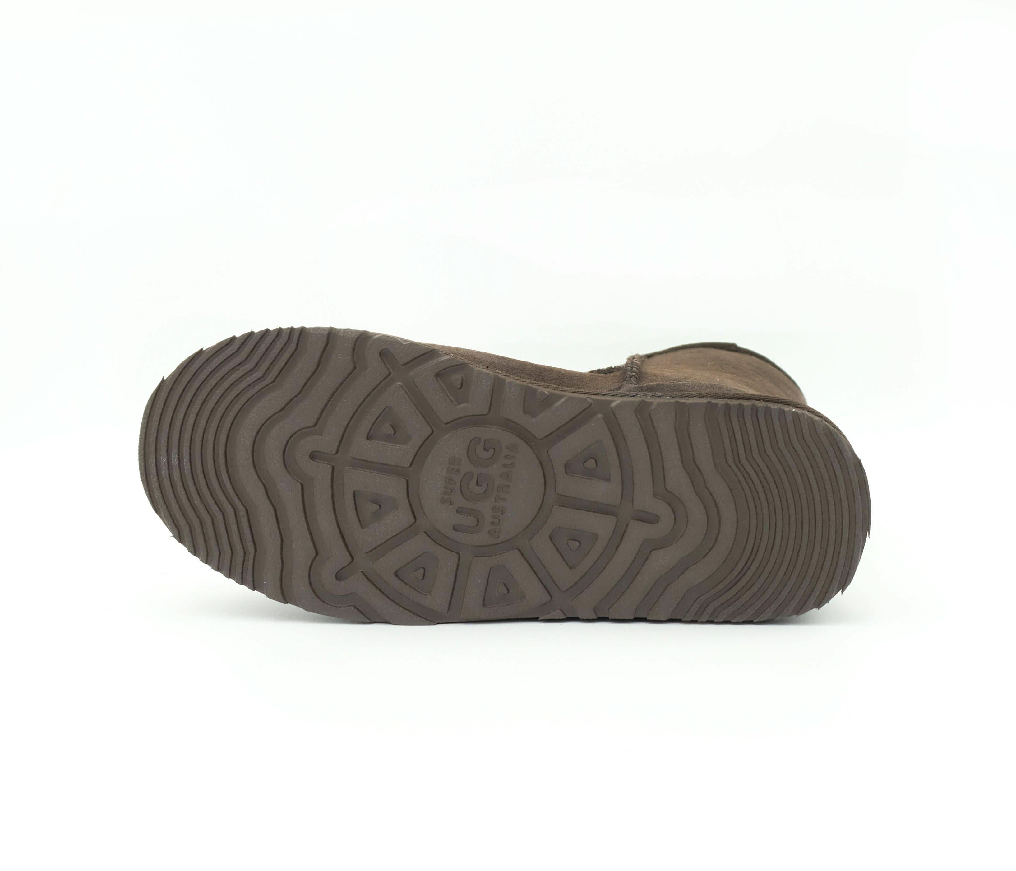Chestnut suede sheepskin boot sole view showing textured grip pattern. - Yellow Earth Australia
