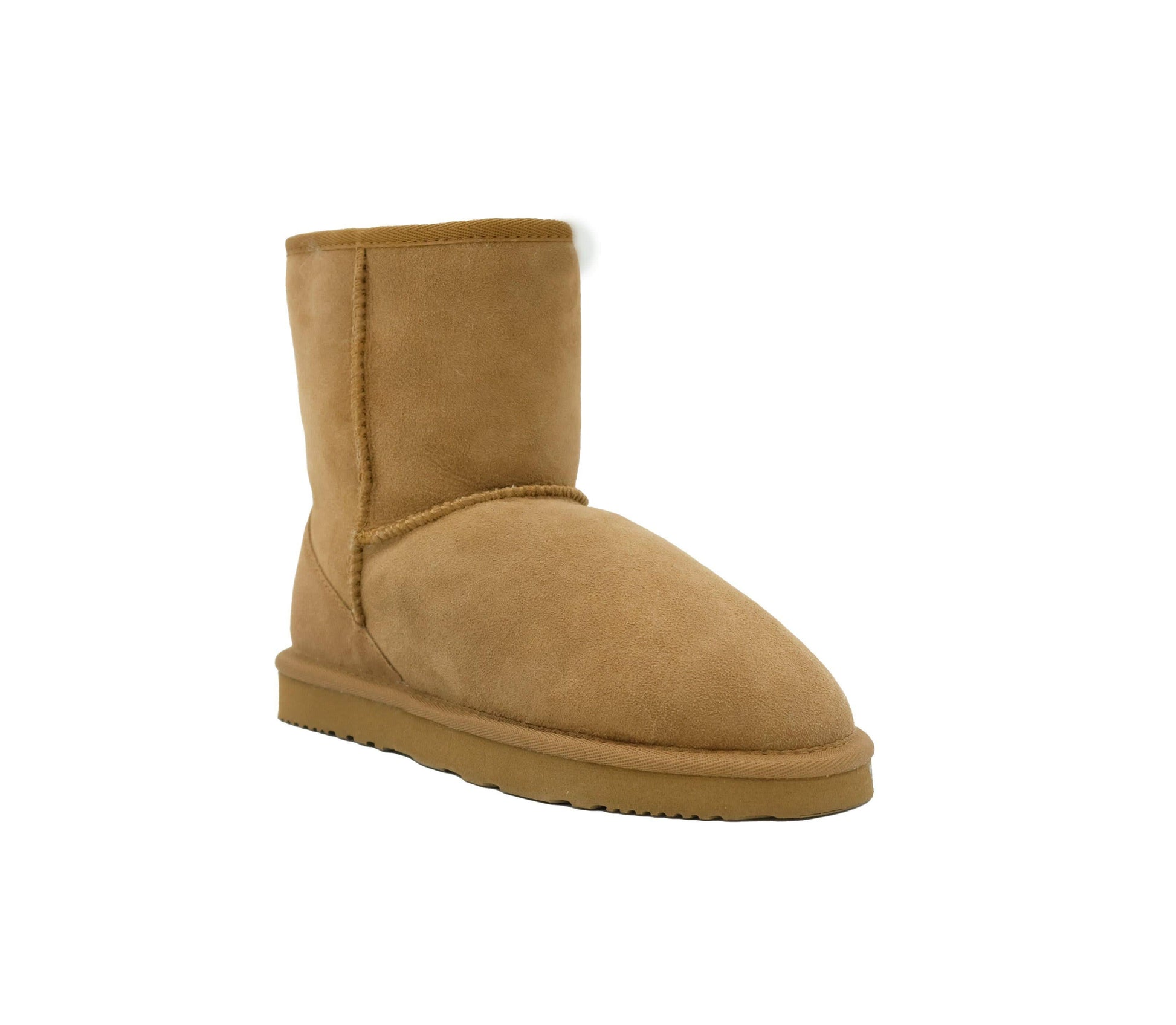 Tan suede sheepskin short boot with wool lining, side view. - Yellow Earth Australia