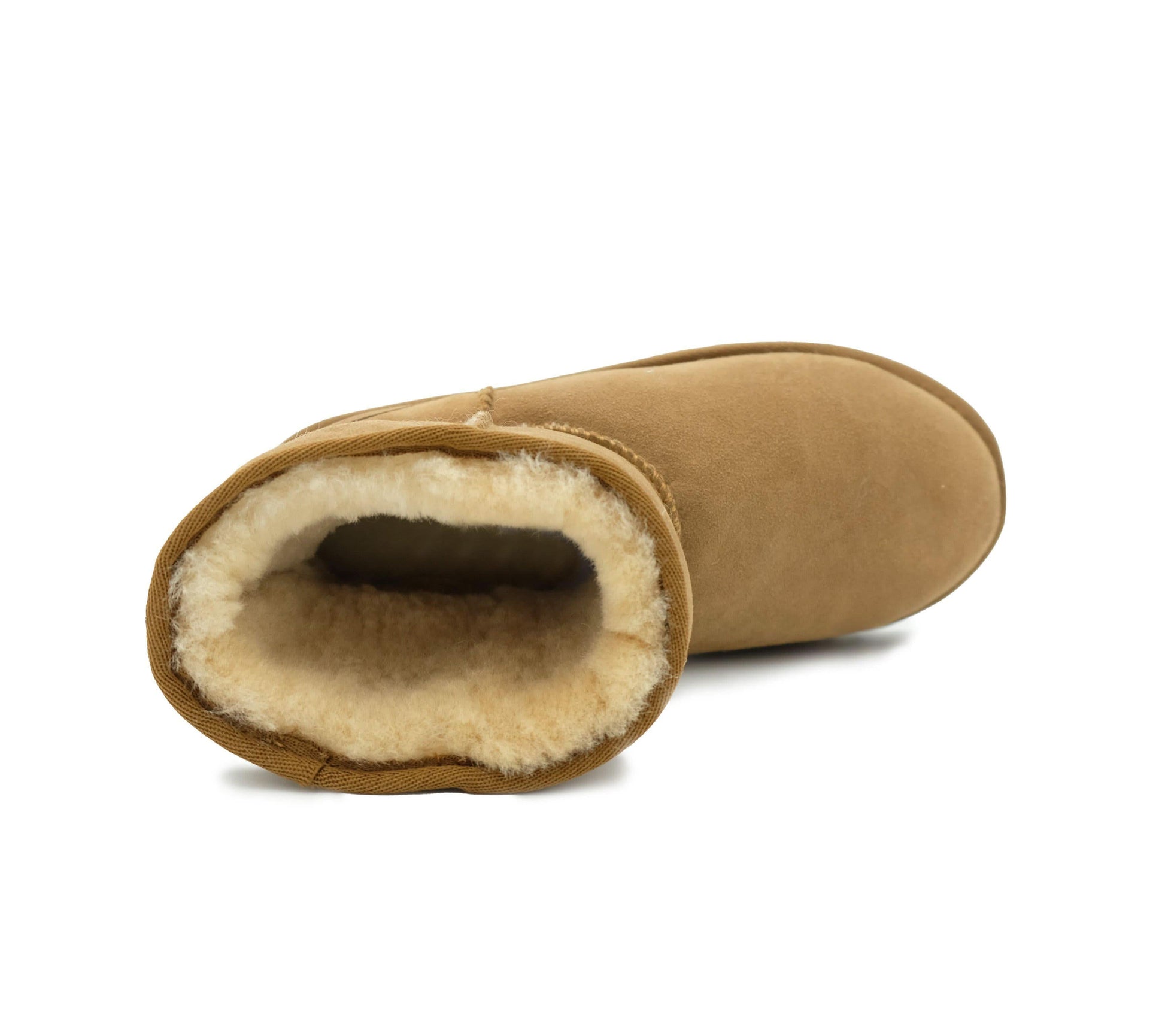 Chestnut sheepskin boot with fluffy wool lining displayed from side angle. - Yellow Earth Australia