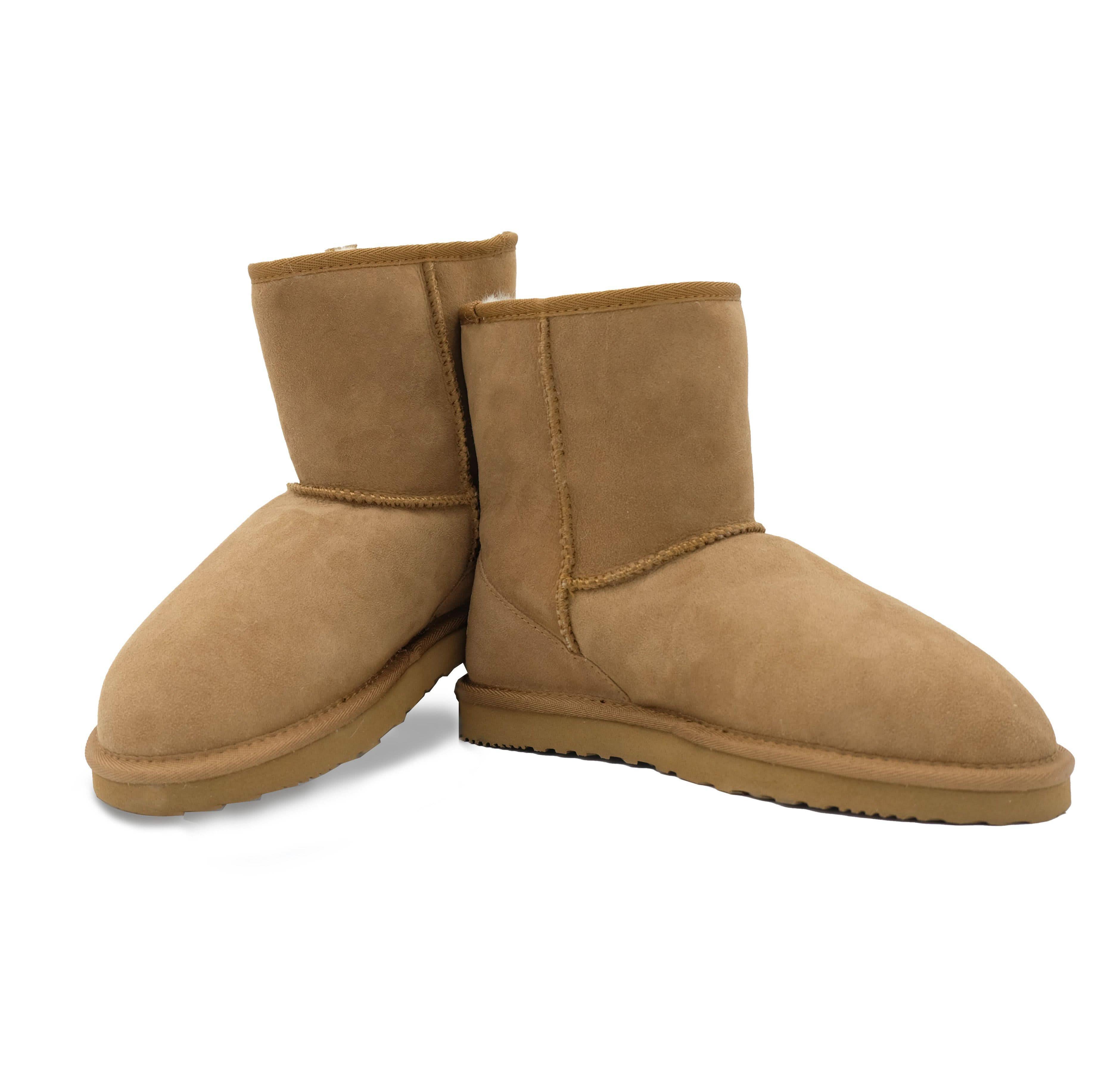 Pair of tan sheepskin boots with wool lining displayed at three-quarter angle. - Yellow Earth Australia