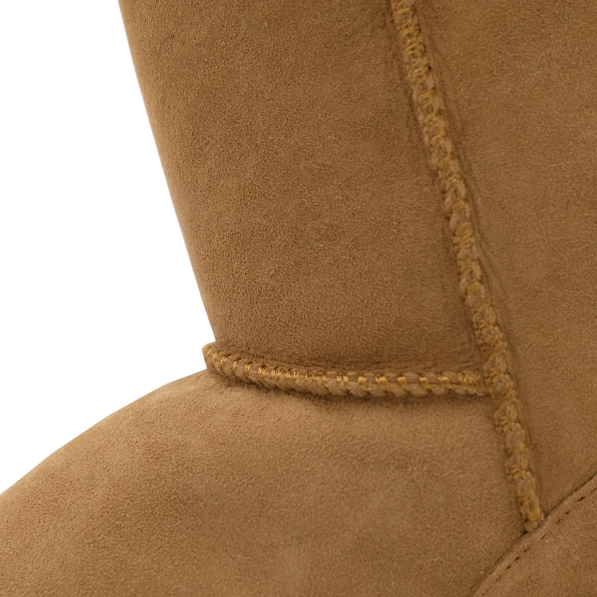 Tan suede sheepskin boot showing ankle seam and wool lining detail from side view. - Yellow Earth Australia