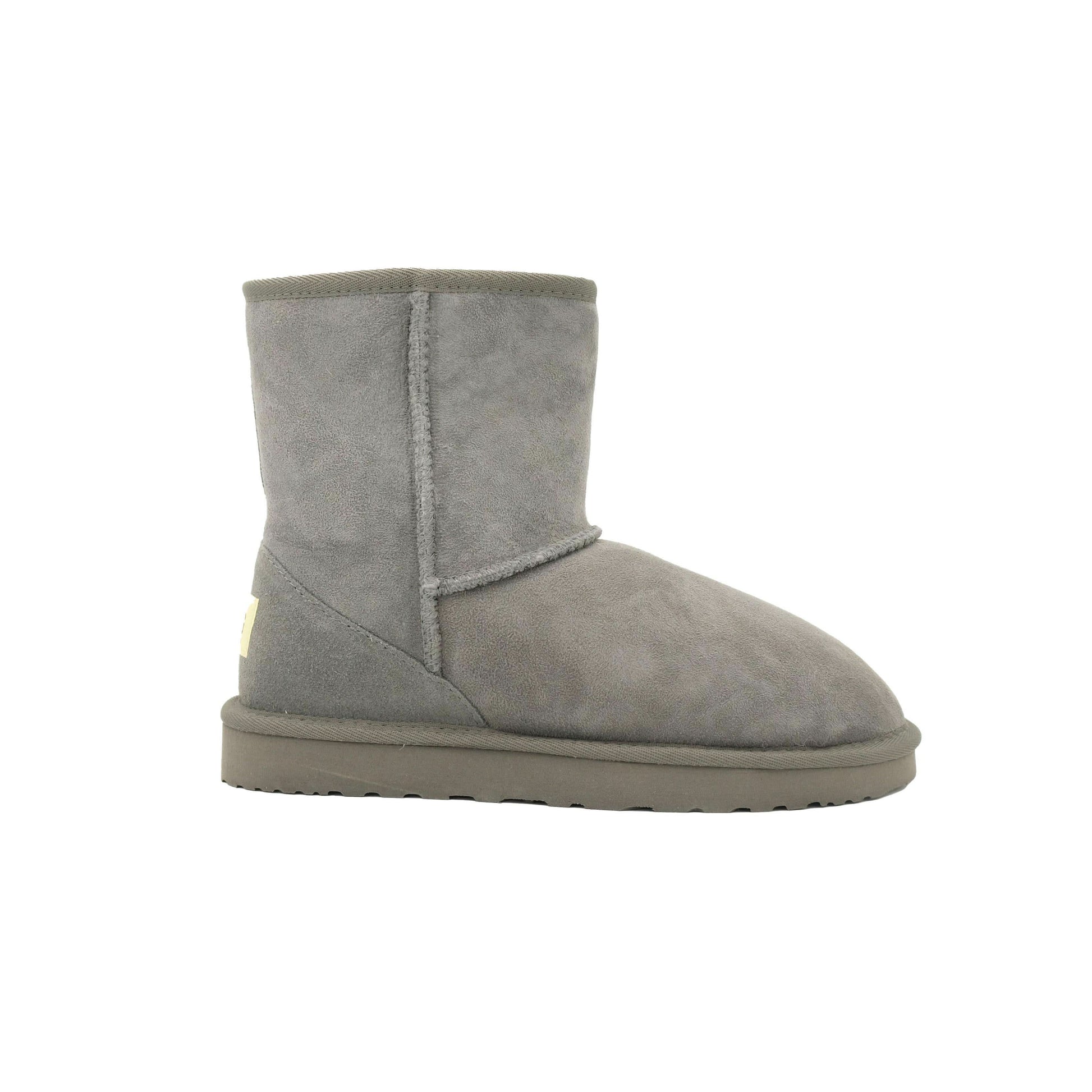 Grey sheepskin short boot with suede upper and fleece lining, side view. - Yellow Earth Australia