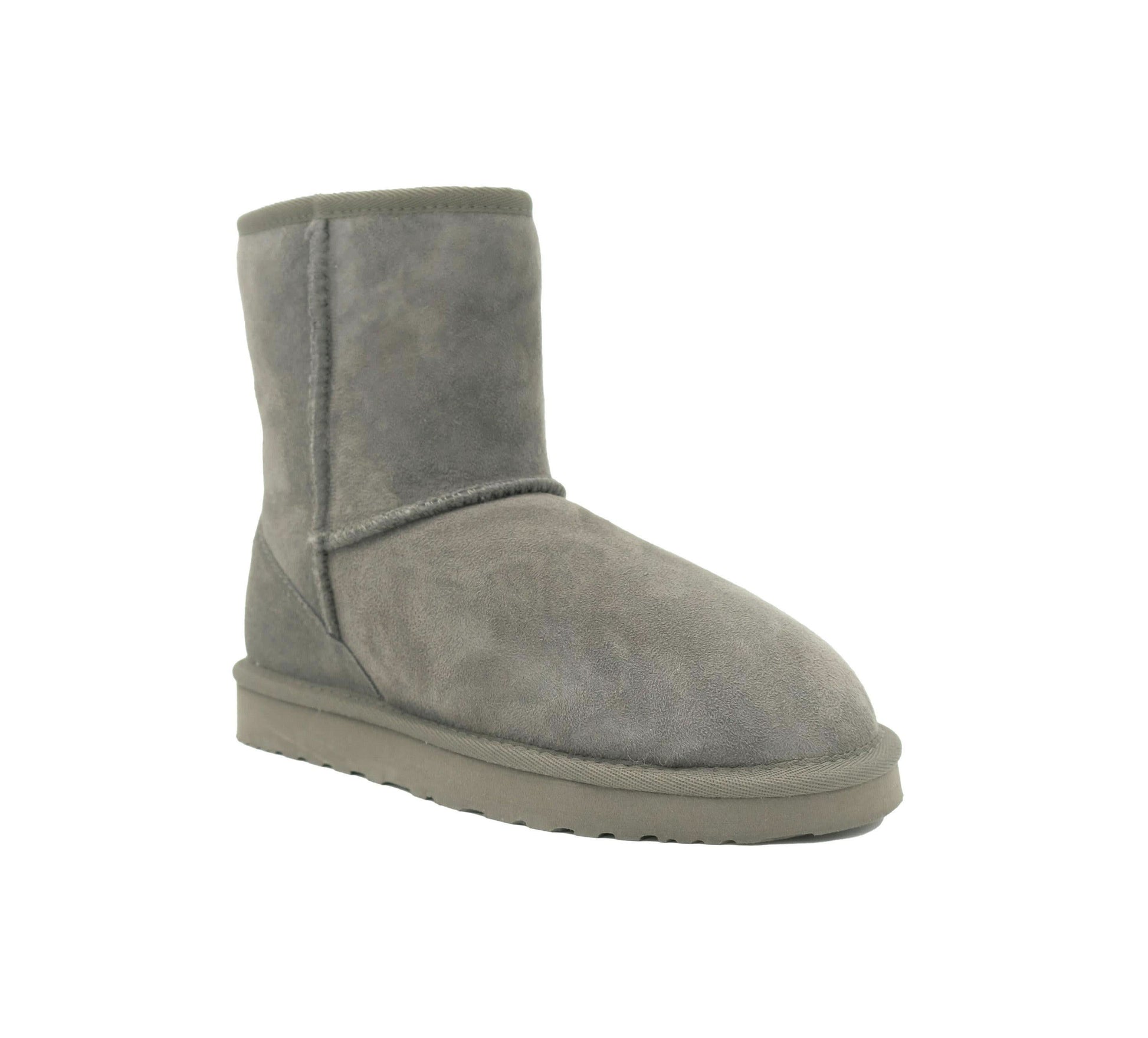 Grey suede sheepskin short boot with soft wool lining, side view. - Yellow Earth Australia