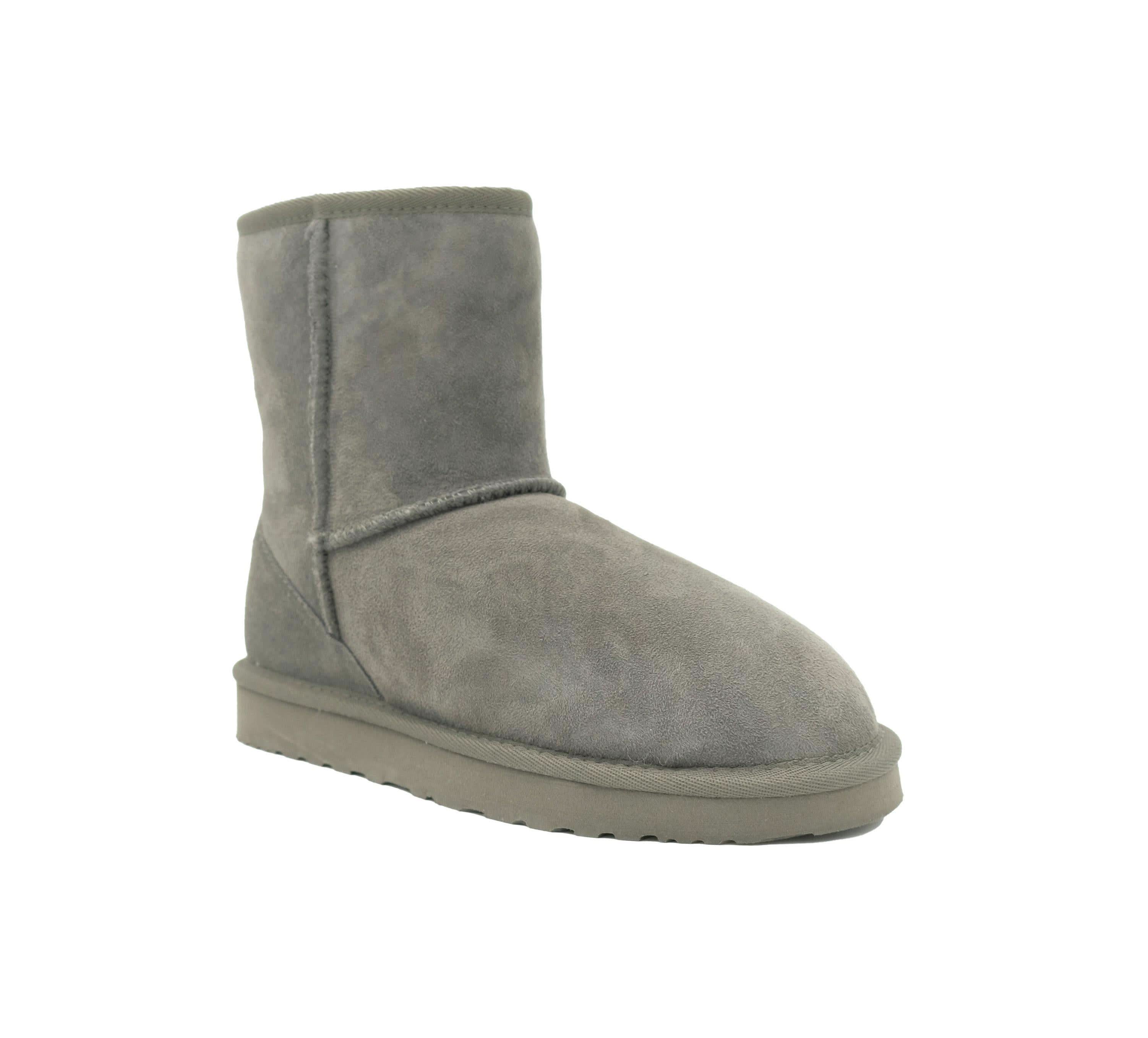 Grey suede sheepskin short boot with soft wool lining, side view. - Yellow Earth Australia