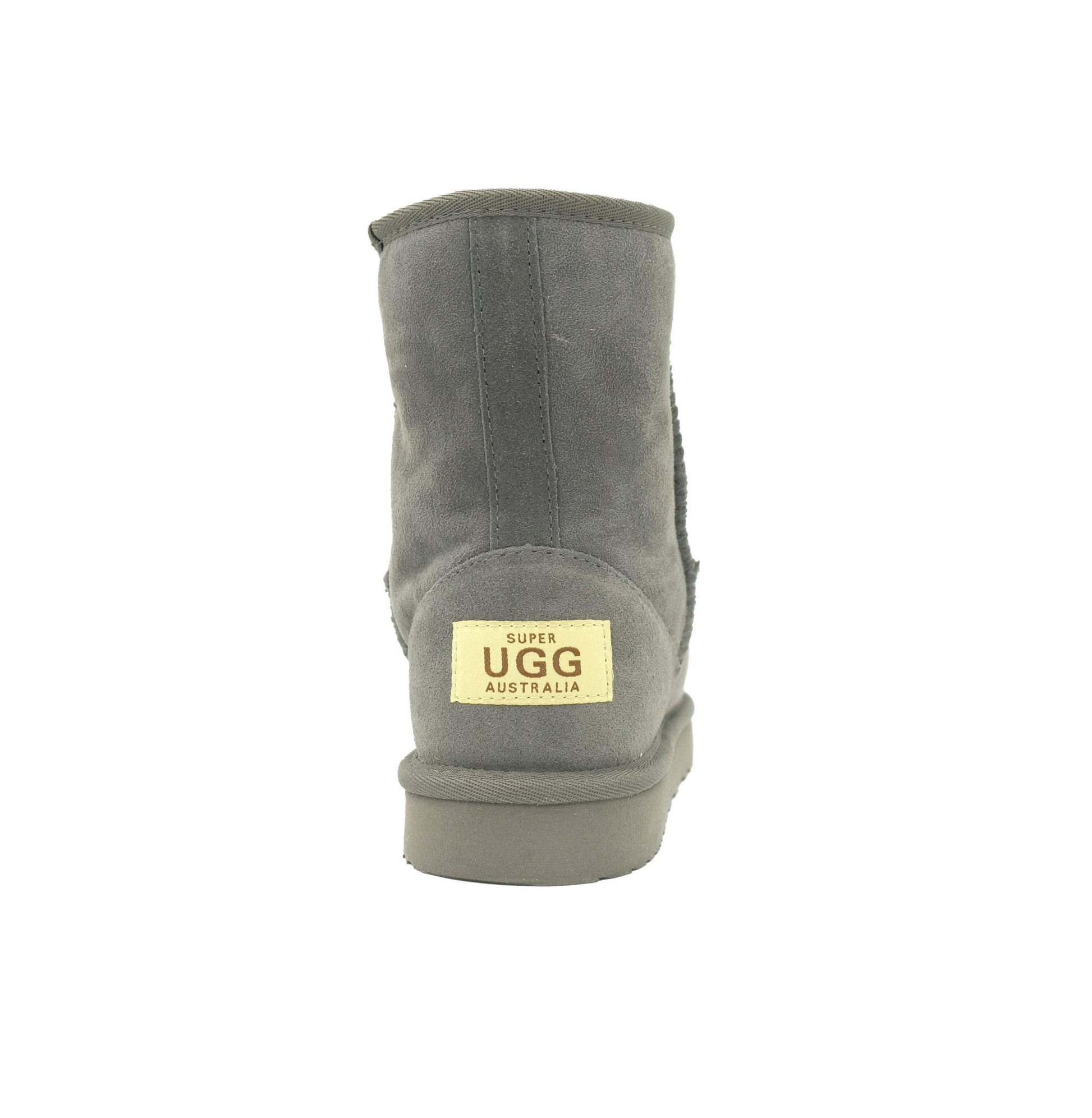 Gray sheepskin short boot with suede exterior and wool lining, front view. - Yellow Earth Australia