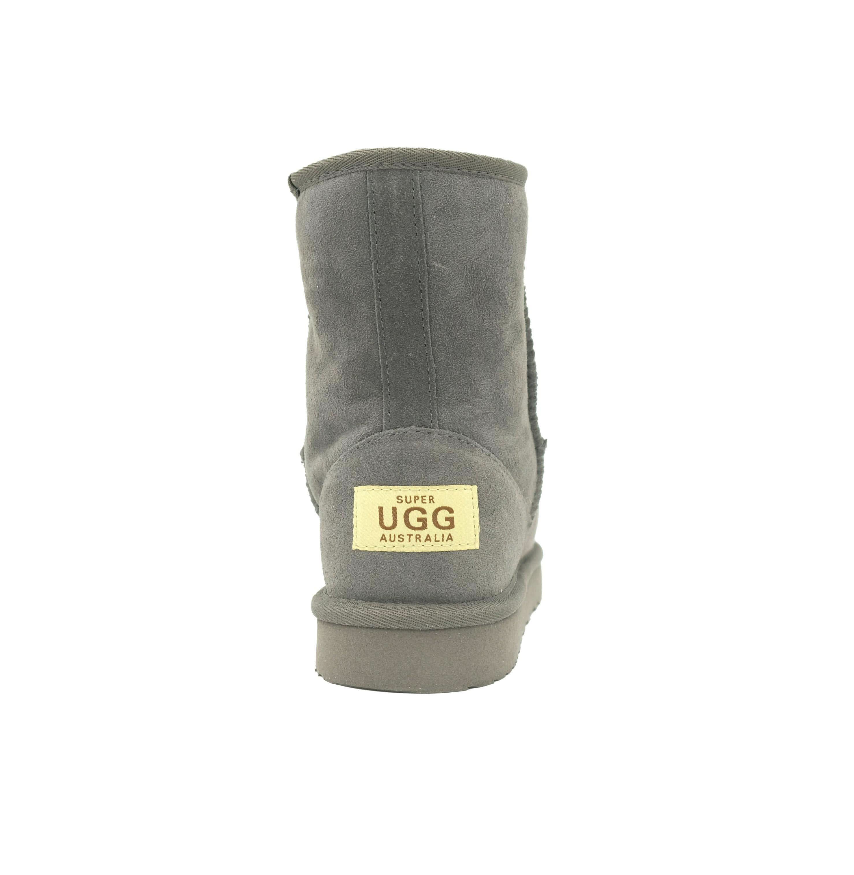 Gray sheepskin short boot with suede exterior and wool lining, front view. - Yellow Earth Australia