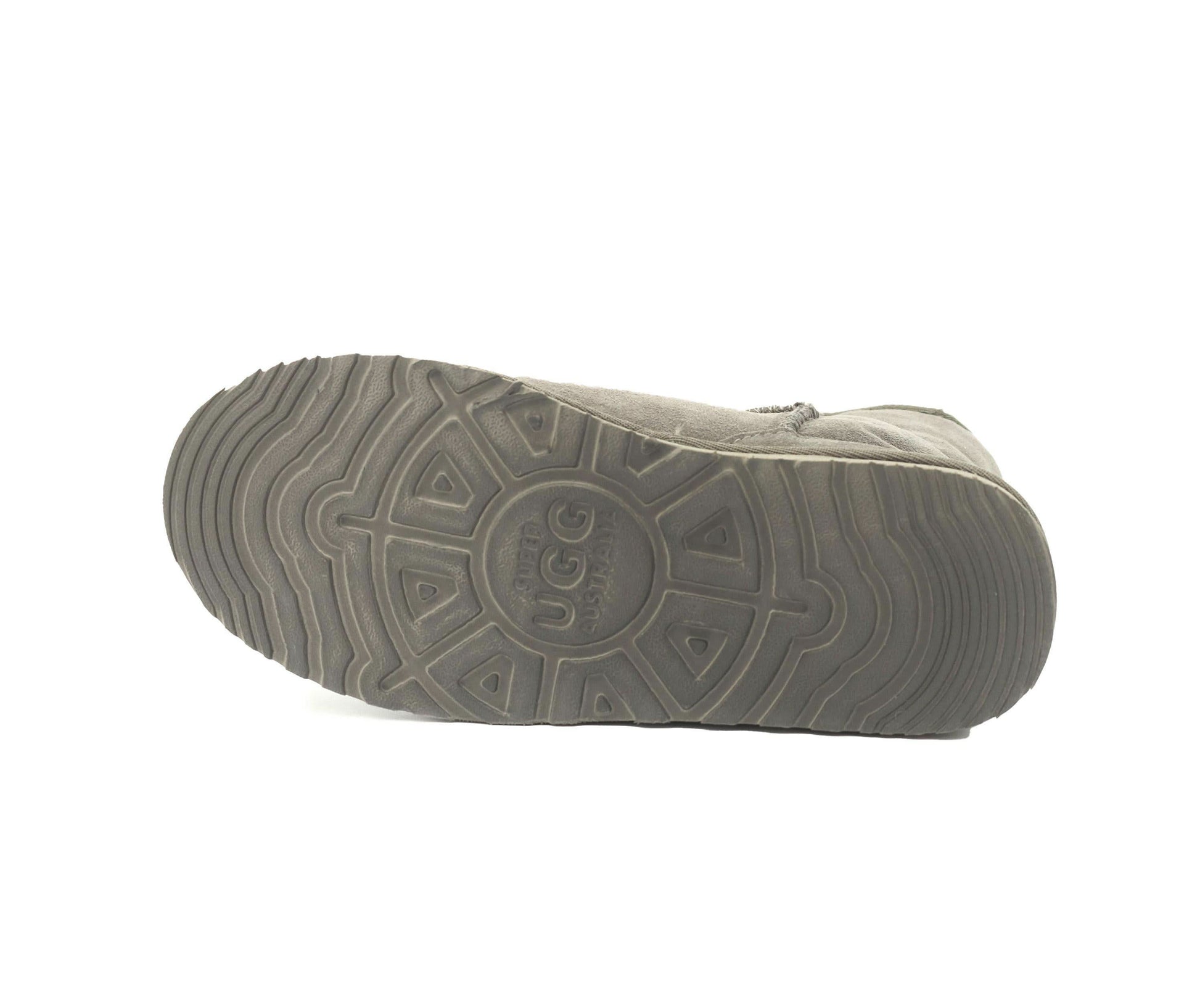 Grey sheepskin slipper sole view showing textured wool material and grip pattern. - Yellow Earth Australia