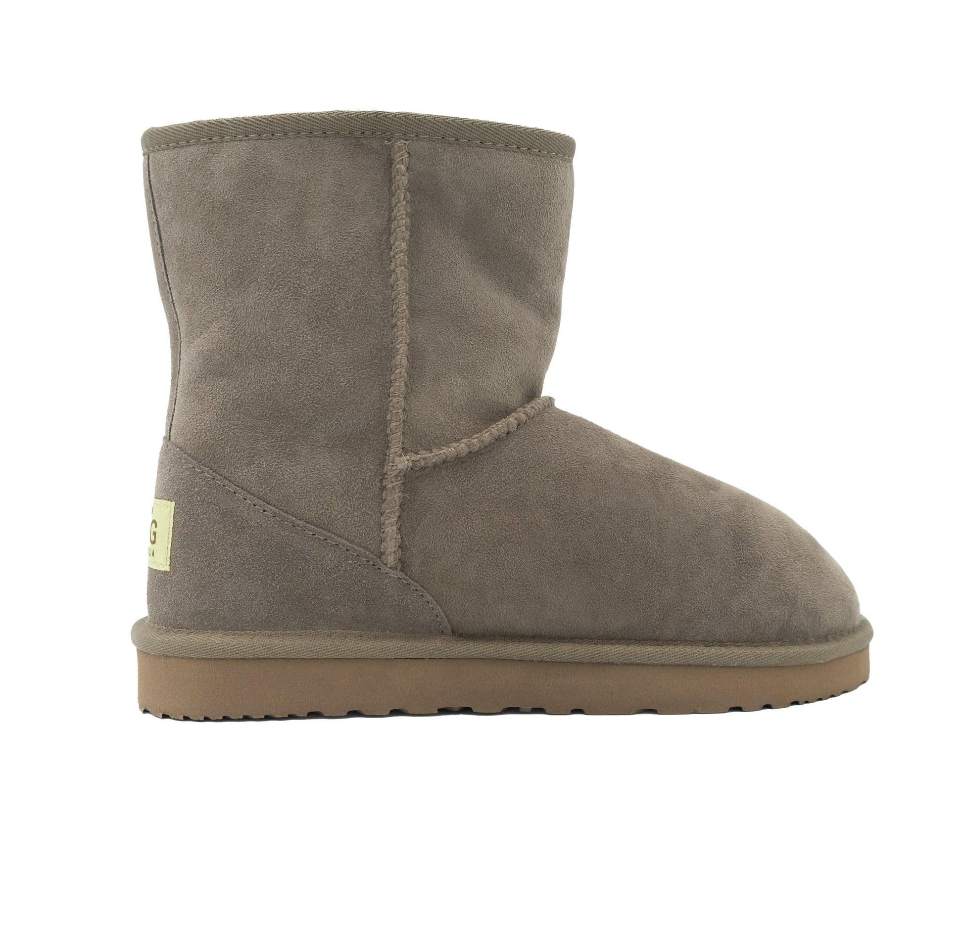 Beige sheepskin short boot with suede upper and wool lining, side view. - Yellow Earth Australia