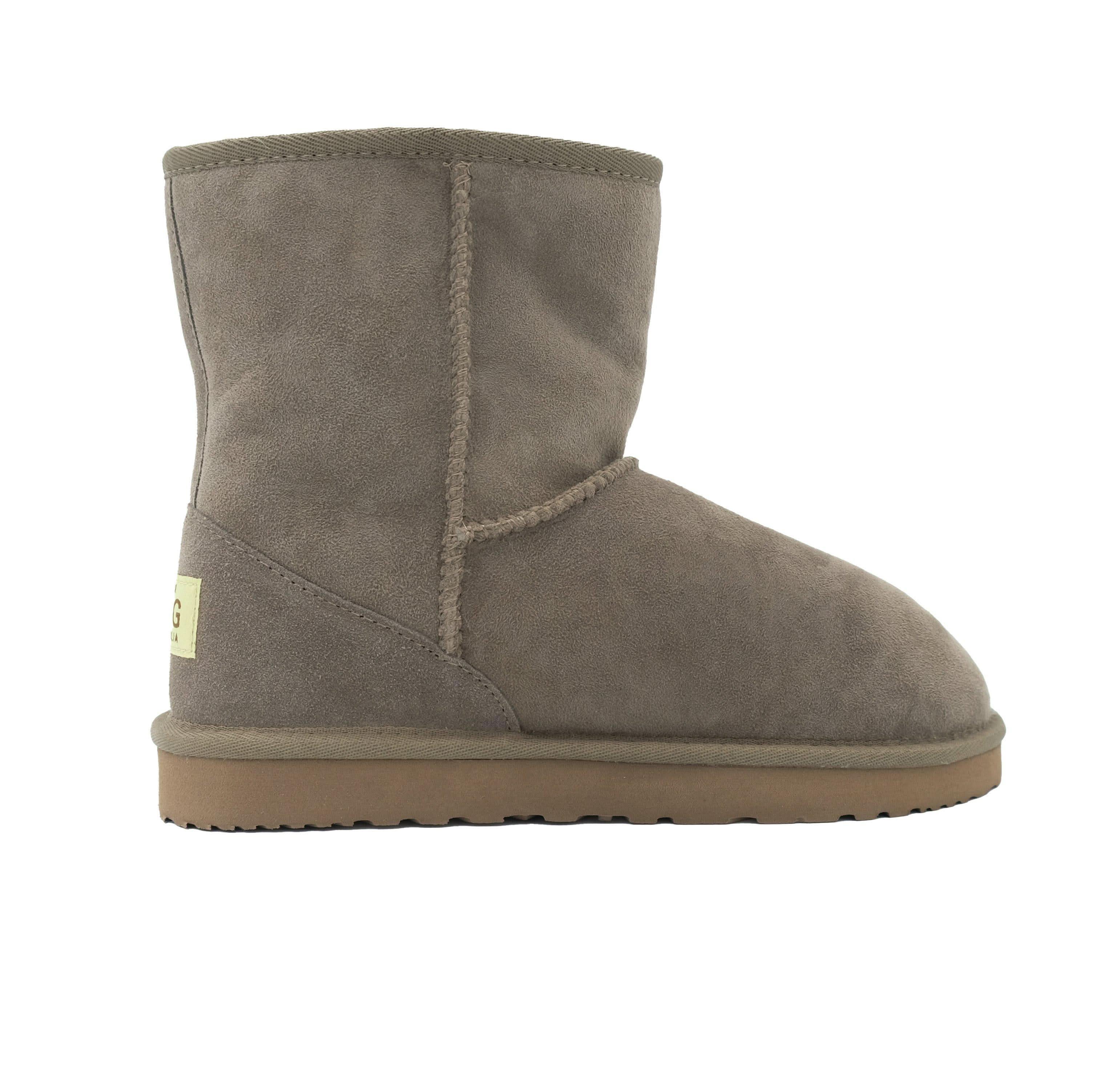 Beige sheepskin short boot with suede upper and wool lining, side view. - Yellow Earth Australia
