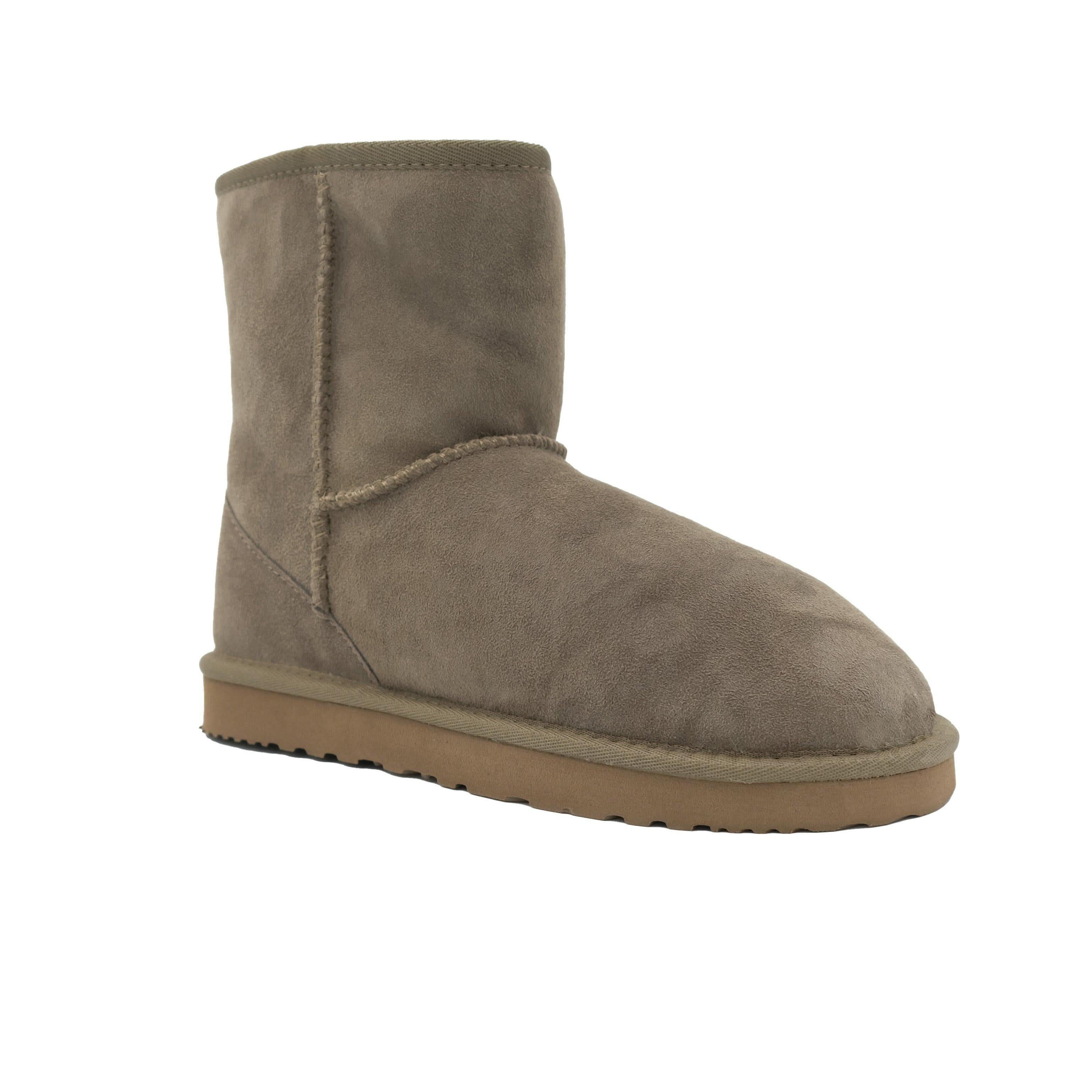 Beige sheepskin short boot with suede upper and wool lining, side view. - Yellow Earth Australia
