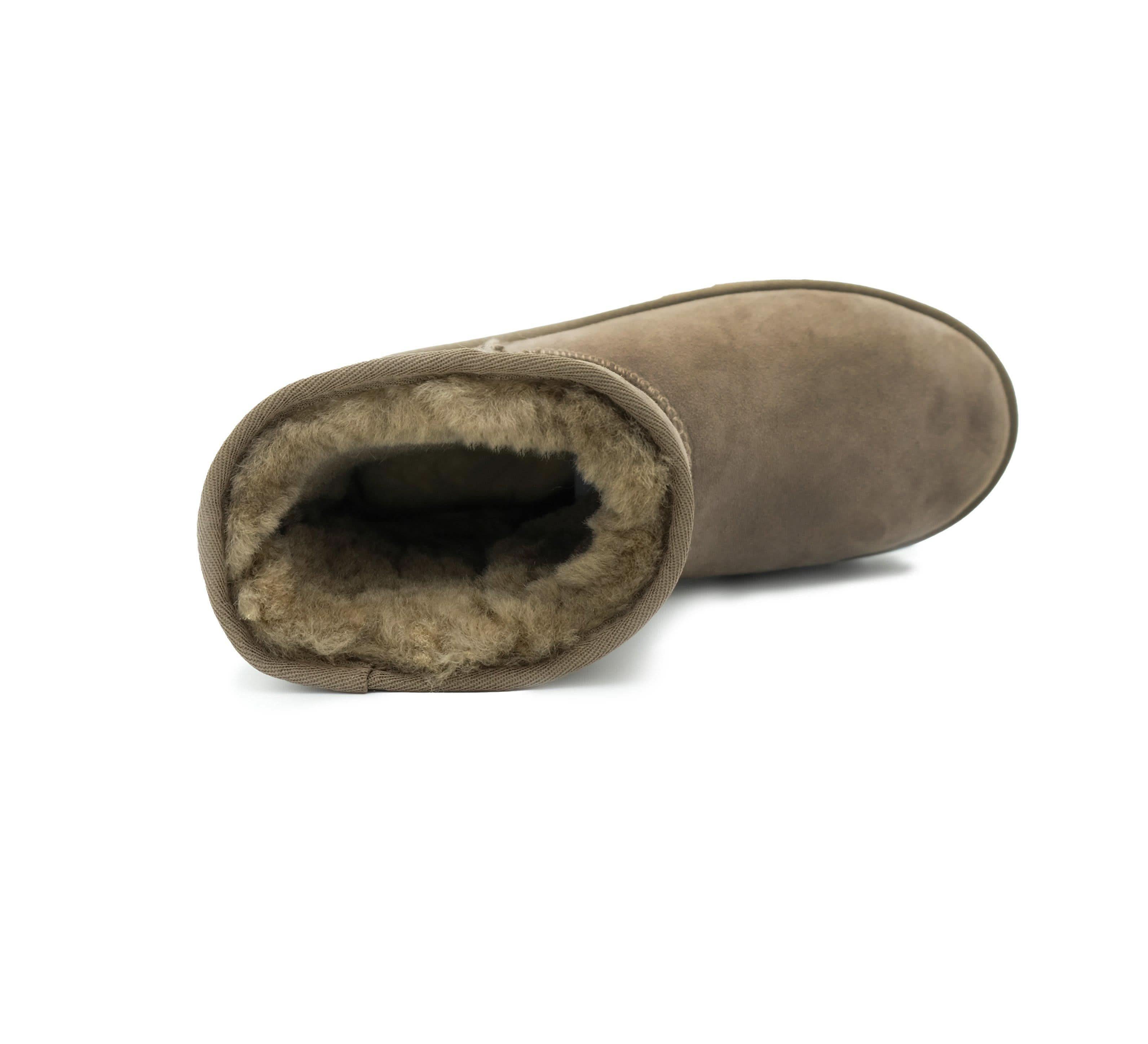 Beige sheepskin boot with fluffy wool lining, top-down view. - Yellow Earth Australia